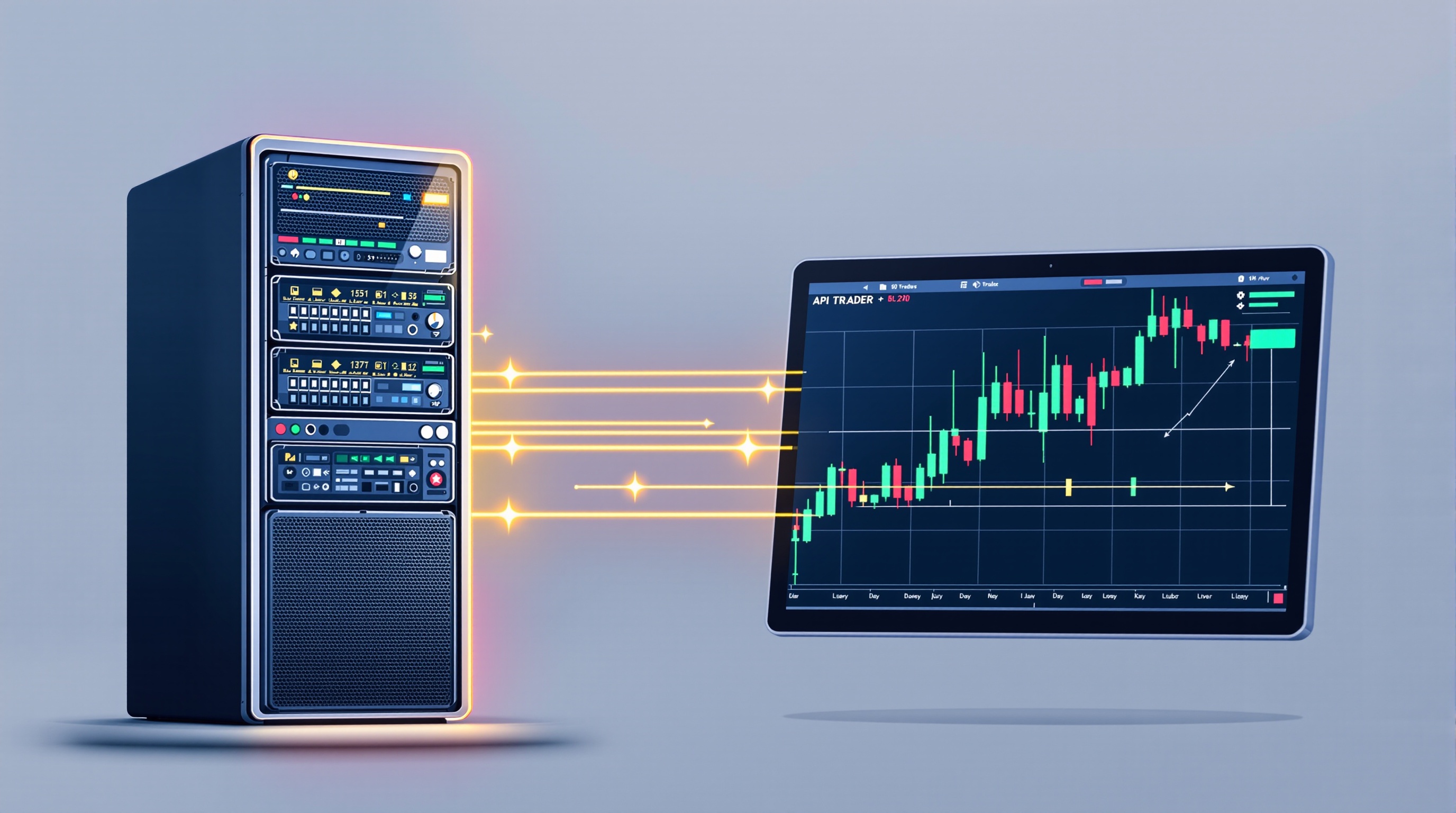 Diagram showing a trading algorithm connected through a bridge to a MetaTrader terminal and broker server