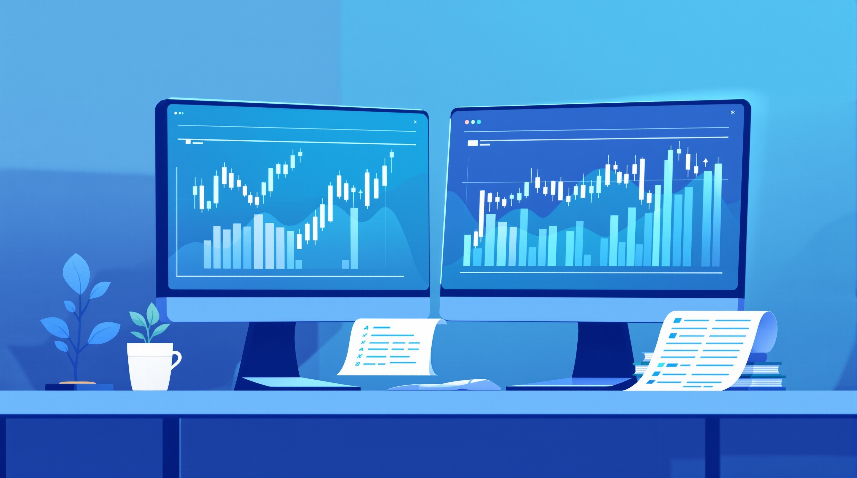 Trader reviewing a forex equity curve and trade log on two monitors during backtesting