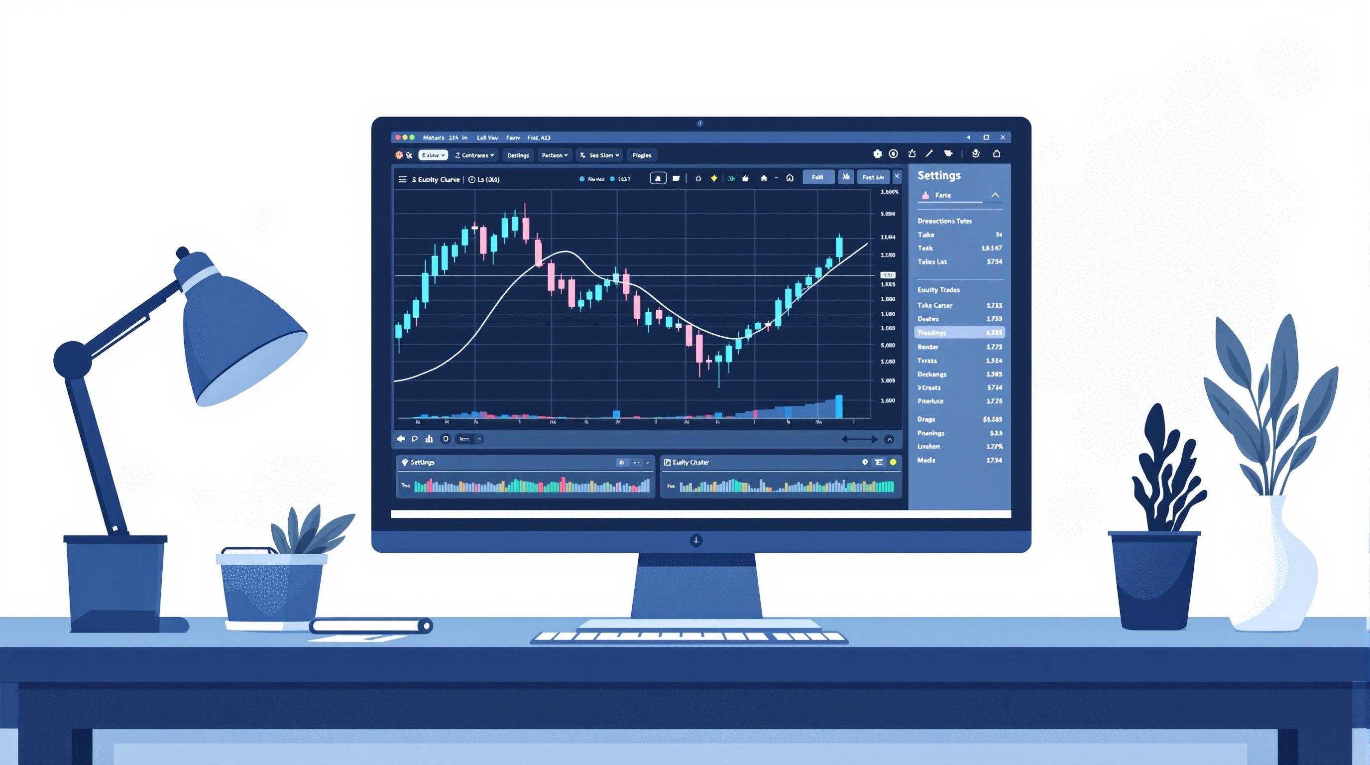 Trader analysing an equity curve and tick data chart in the MetaTrader Strategy Tester