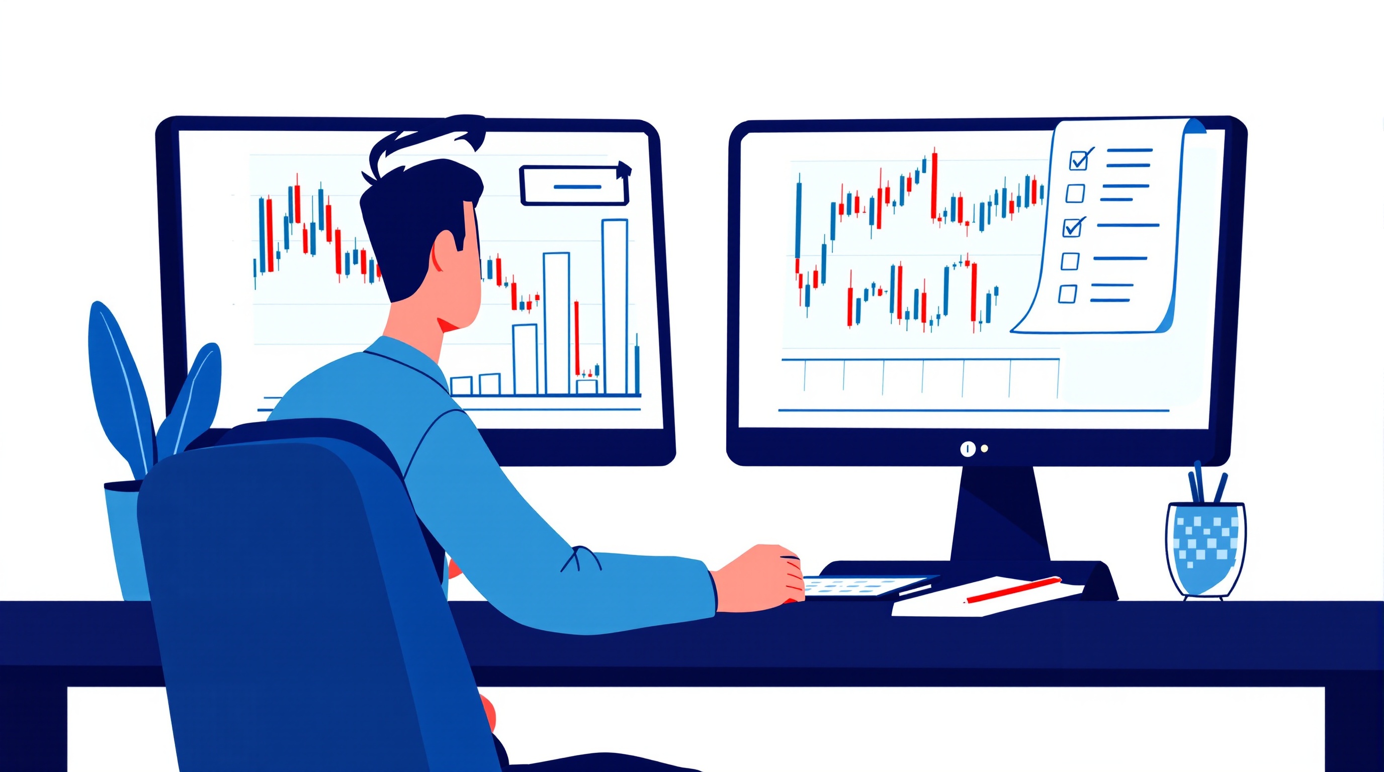 Illustration of a trader reviewing a checklist beside a candlestick chart on a laptop