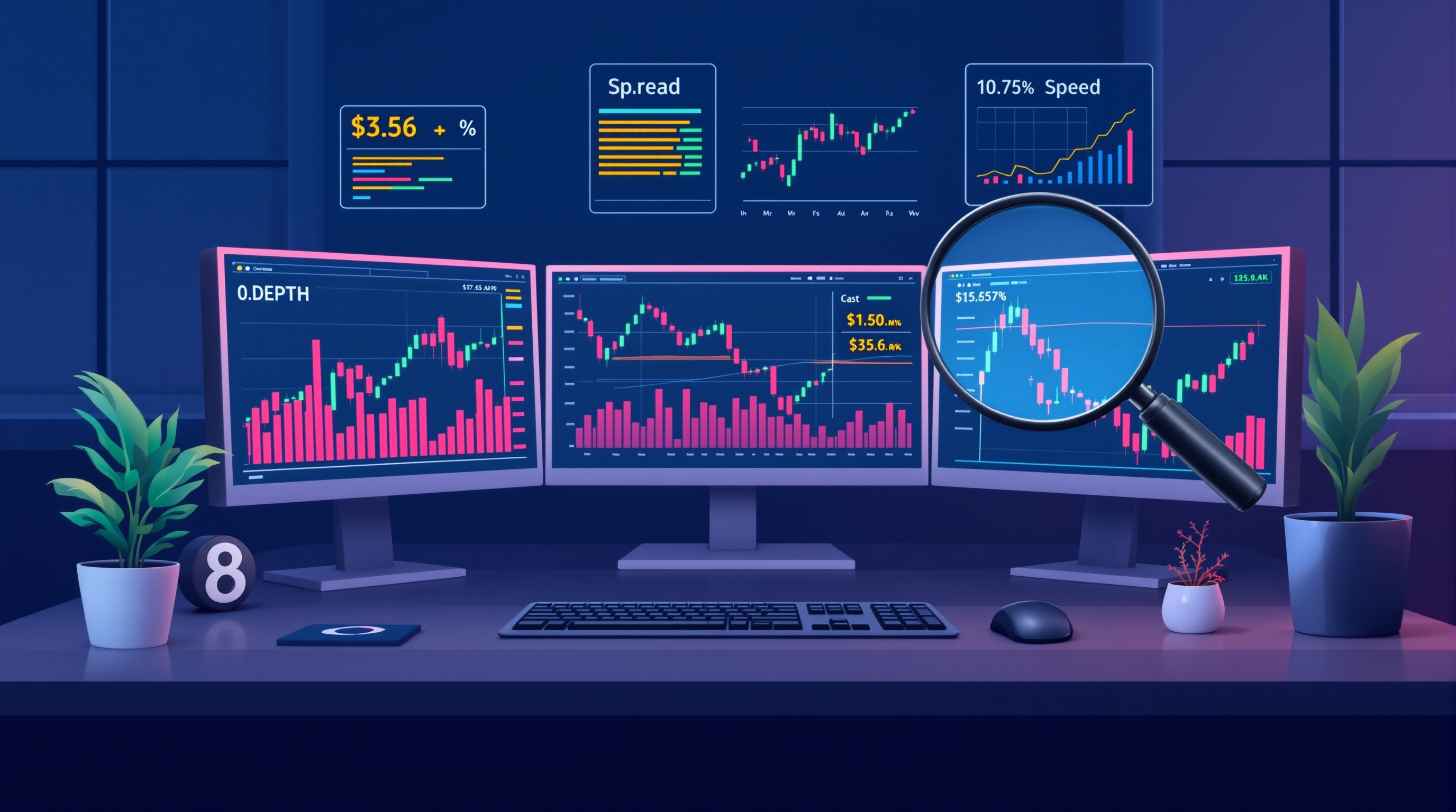 Trader comparing ECN broker spreads and commissions on a multi-monitor trading desk