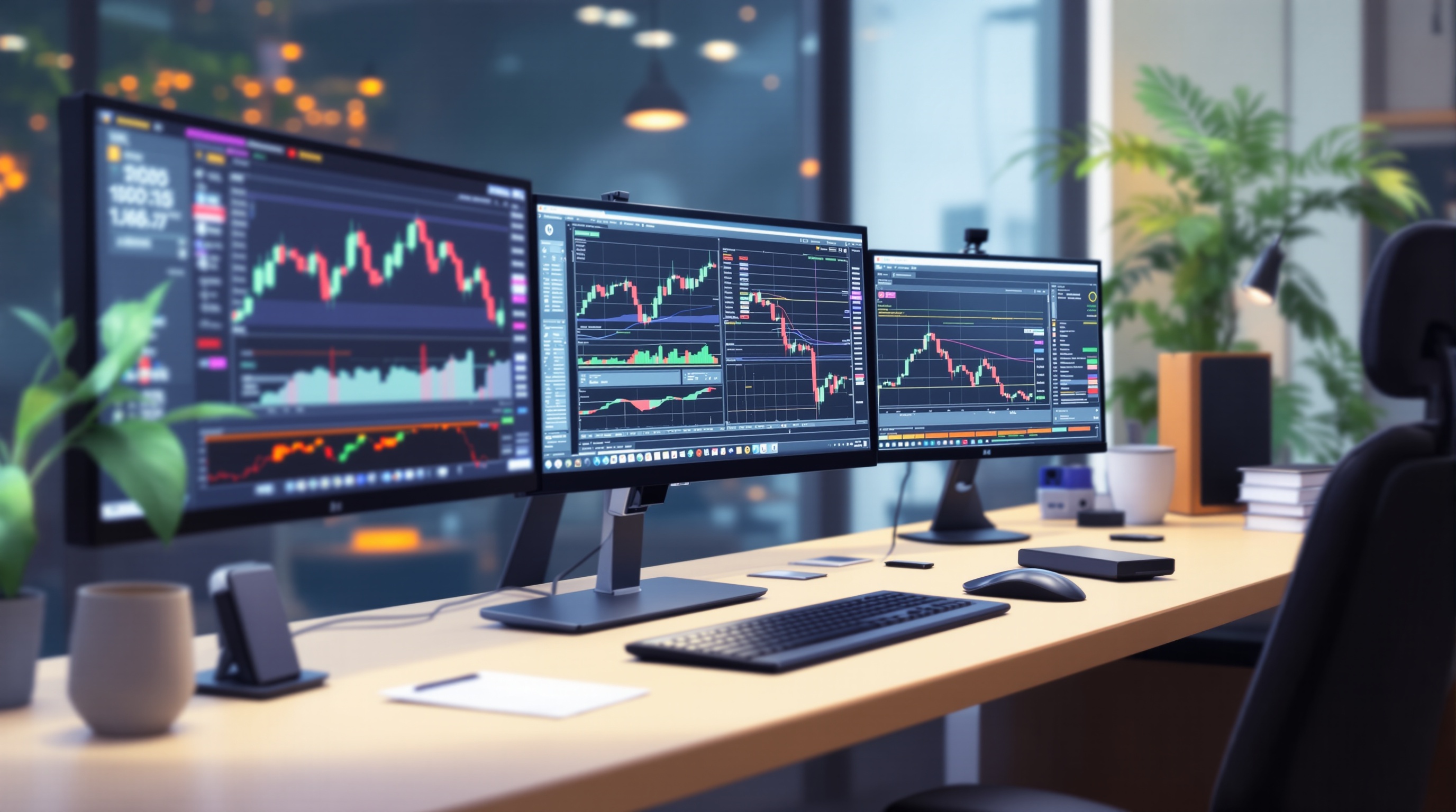 Trader comparing MetaTrader 5 broker platforms on a multi-monitor desk setup