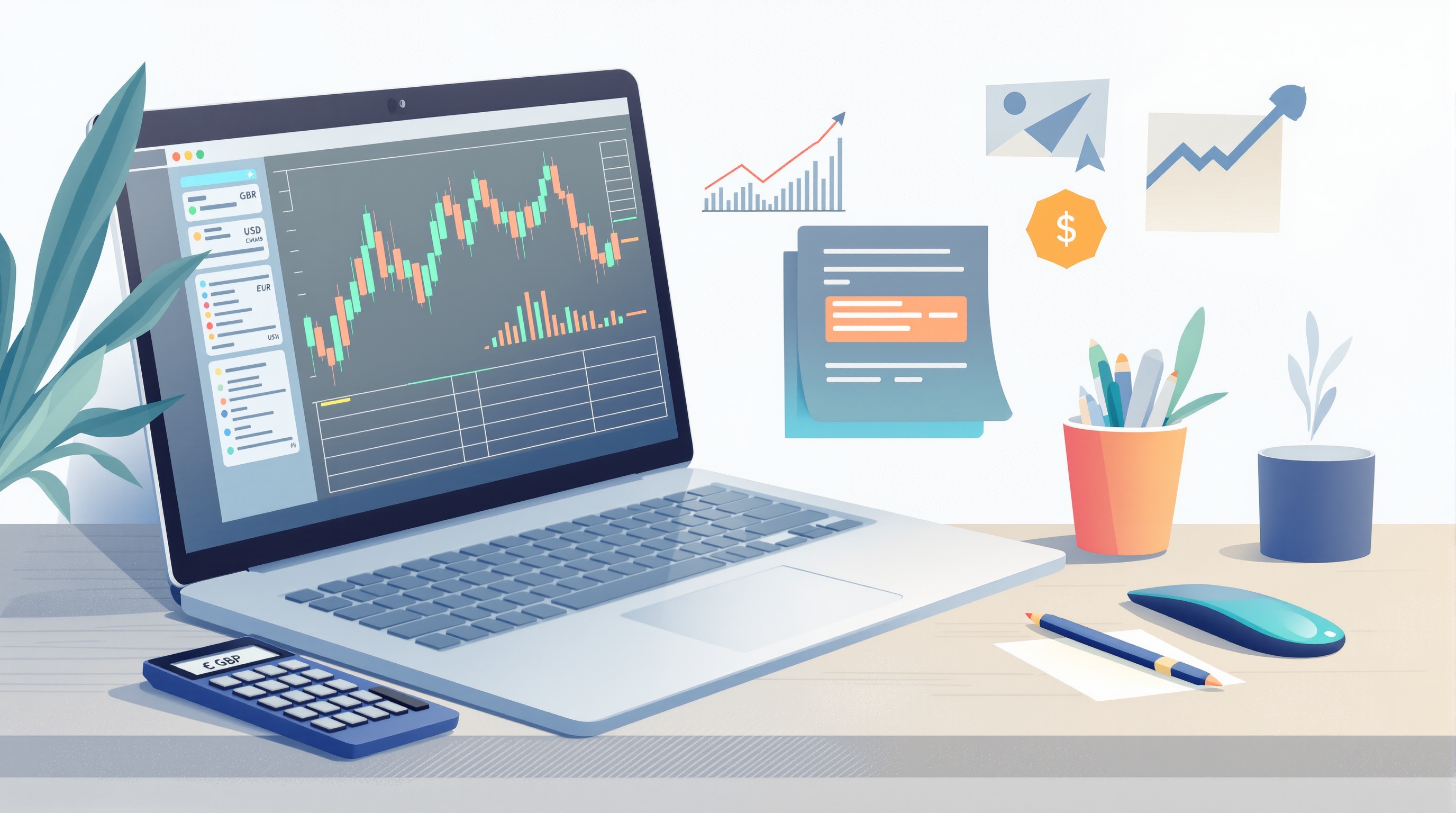 Trader calculating pip value on a laptop with currency pairs and a calculator on screen