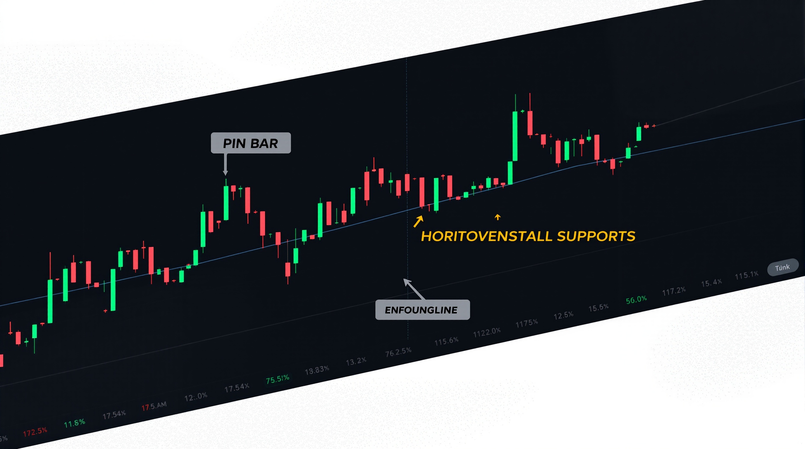 Candlestick chart on a trading screen highlighting a pin bar and engulfing pattern at a support level