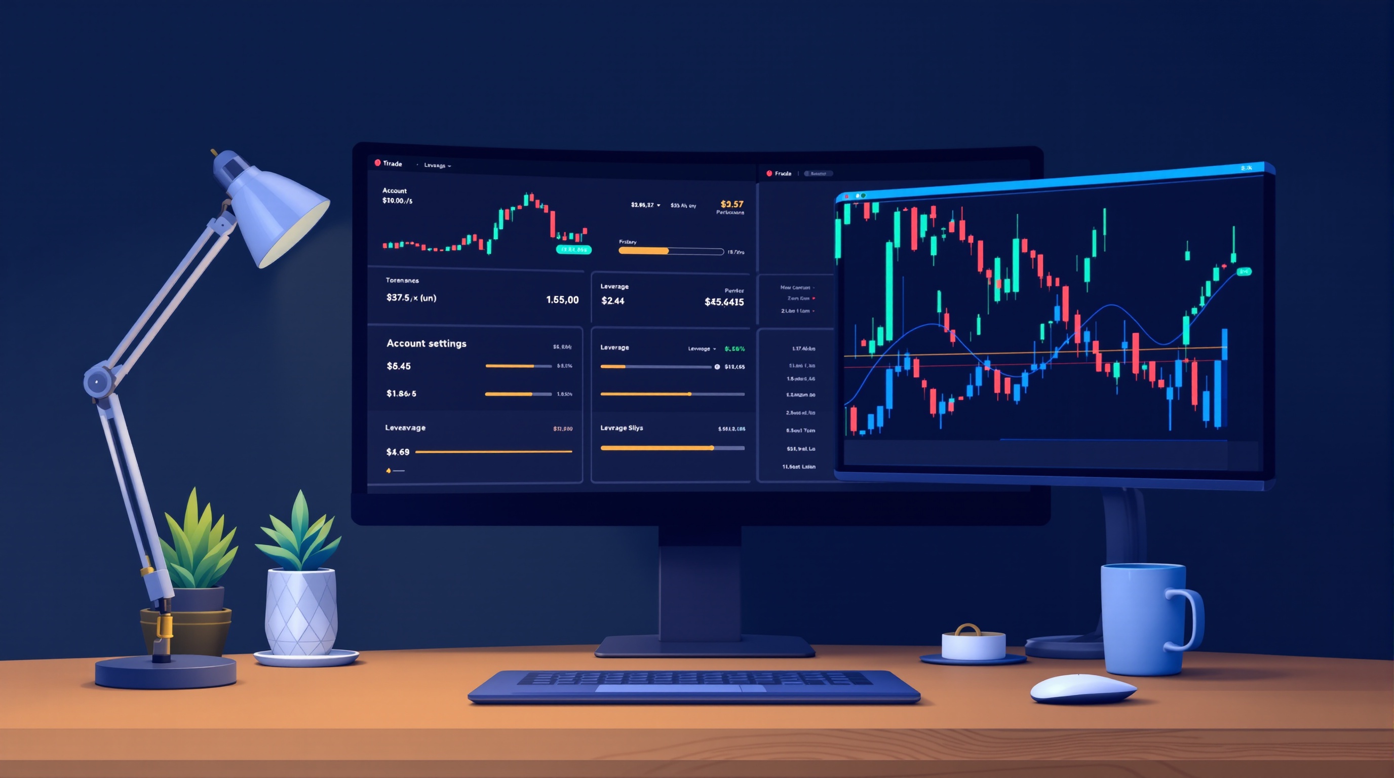 Trader adjusting leverage settings on a laptop with forex charts in the background