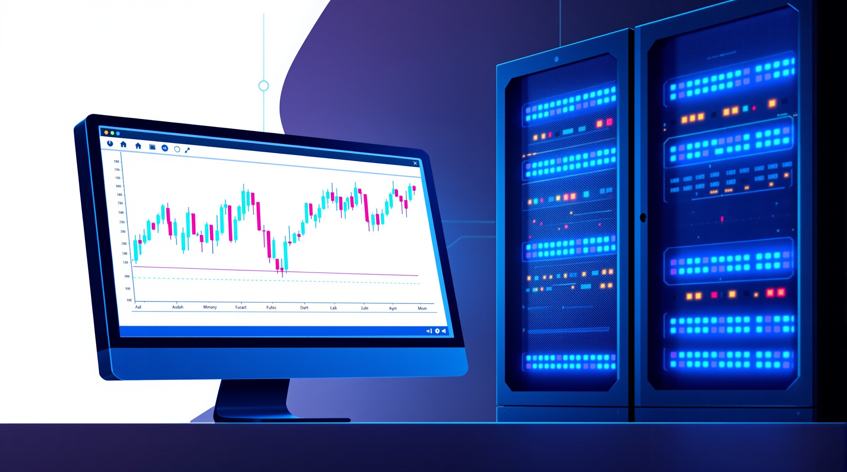 Windows VPS server rack with MetaTrader charts displayed on connected monitors
