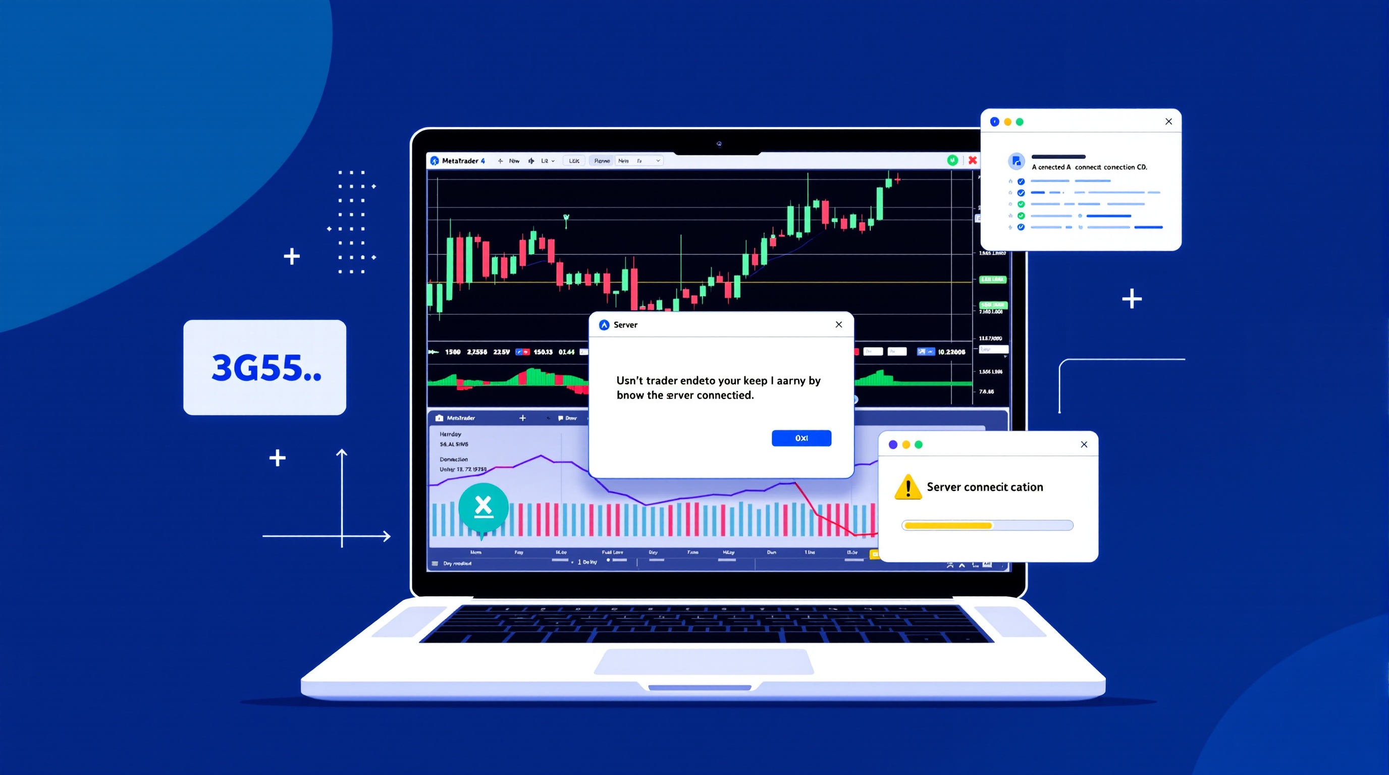 Trader connecting MetaTrader 4 platform to a broker server on a laptop screen with forex charts