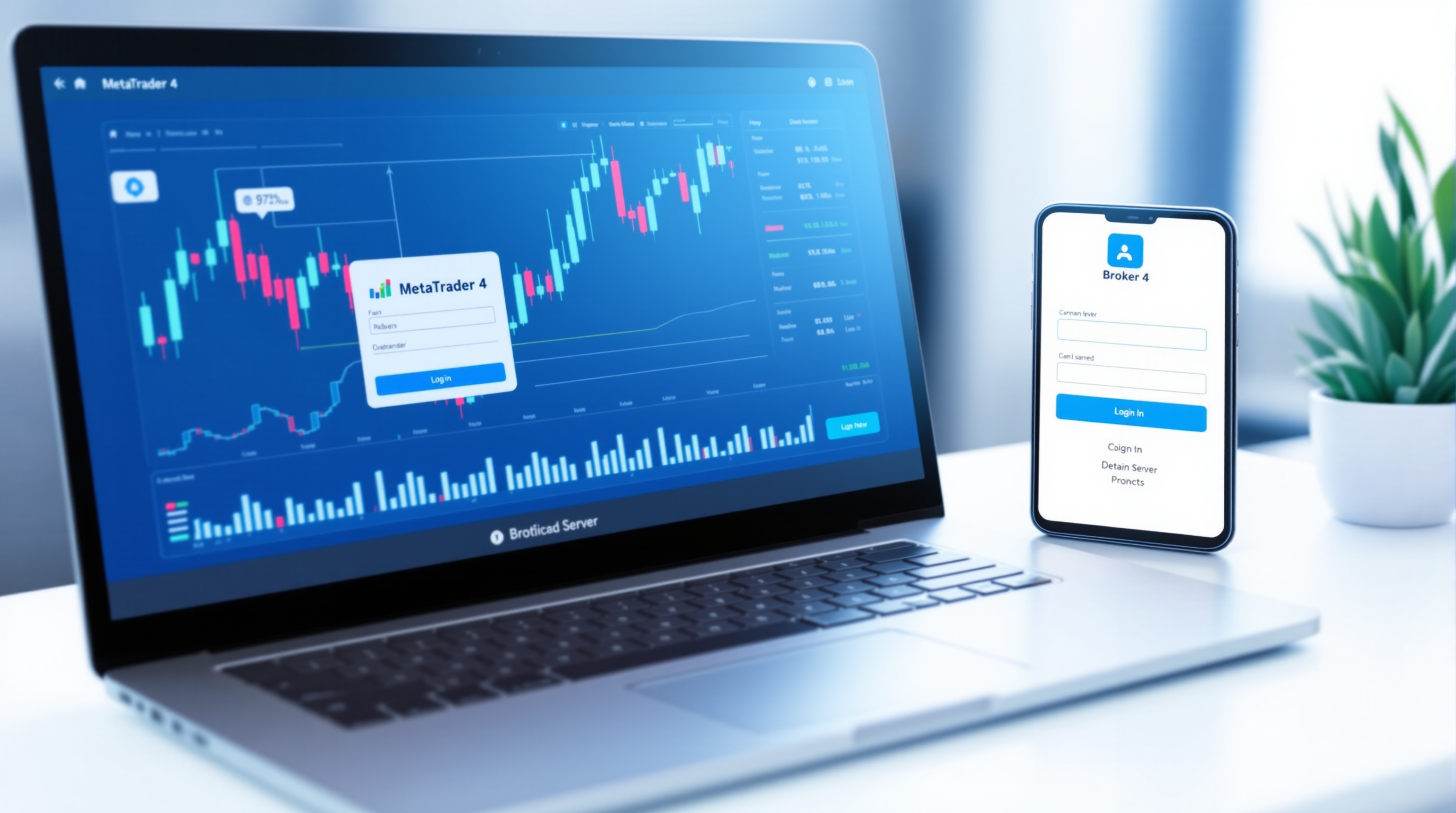Trader connecting MetaTrader 4 desktop platform to a broker server, charts and login screen visible