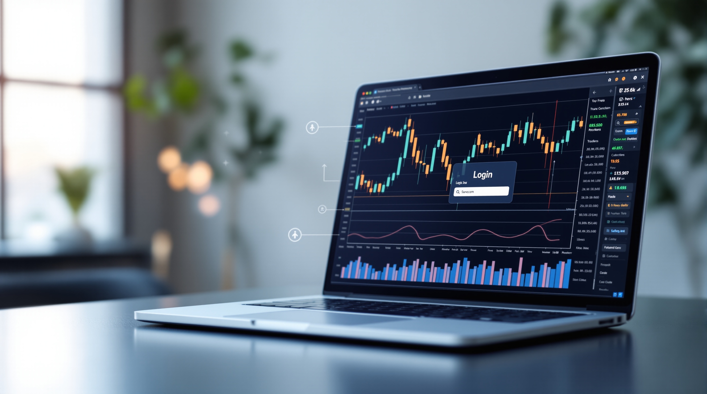 Trader connecting MetaTrader 4 platform to a broker server on a laptop with charts visible