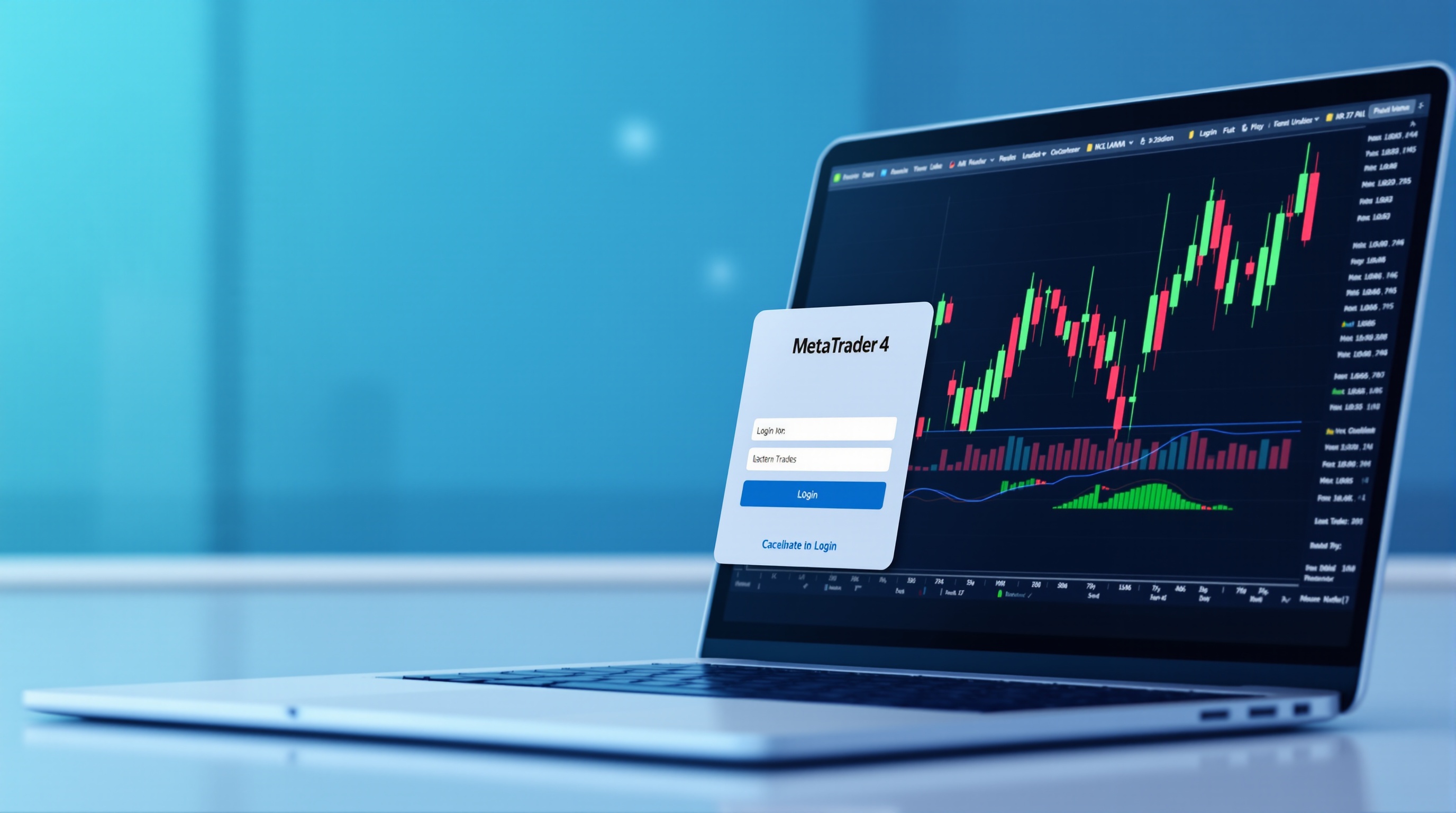 Trader entering MetaTrader 4 server login details on a laptop next to a phone showing a broker app