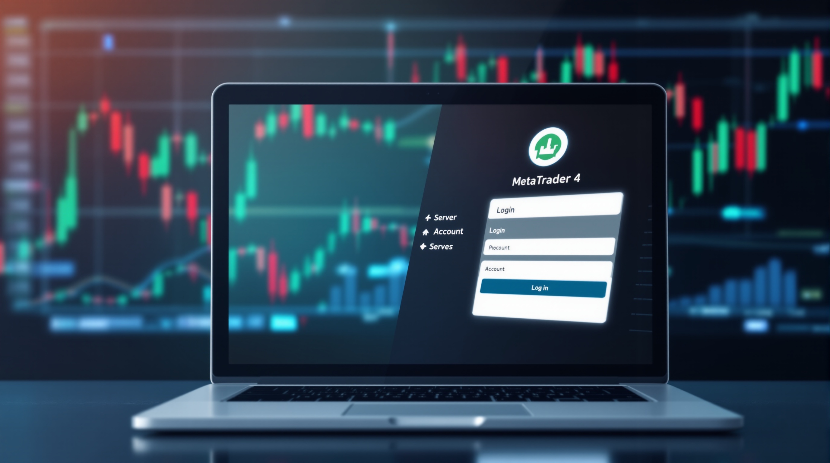 Trader connecting MetaTrader 4 desktop platform to a broker server, with login and server fields visible