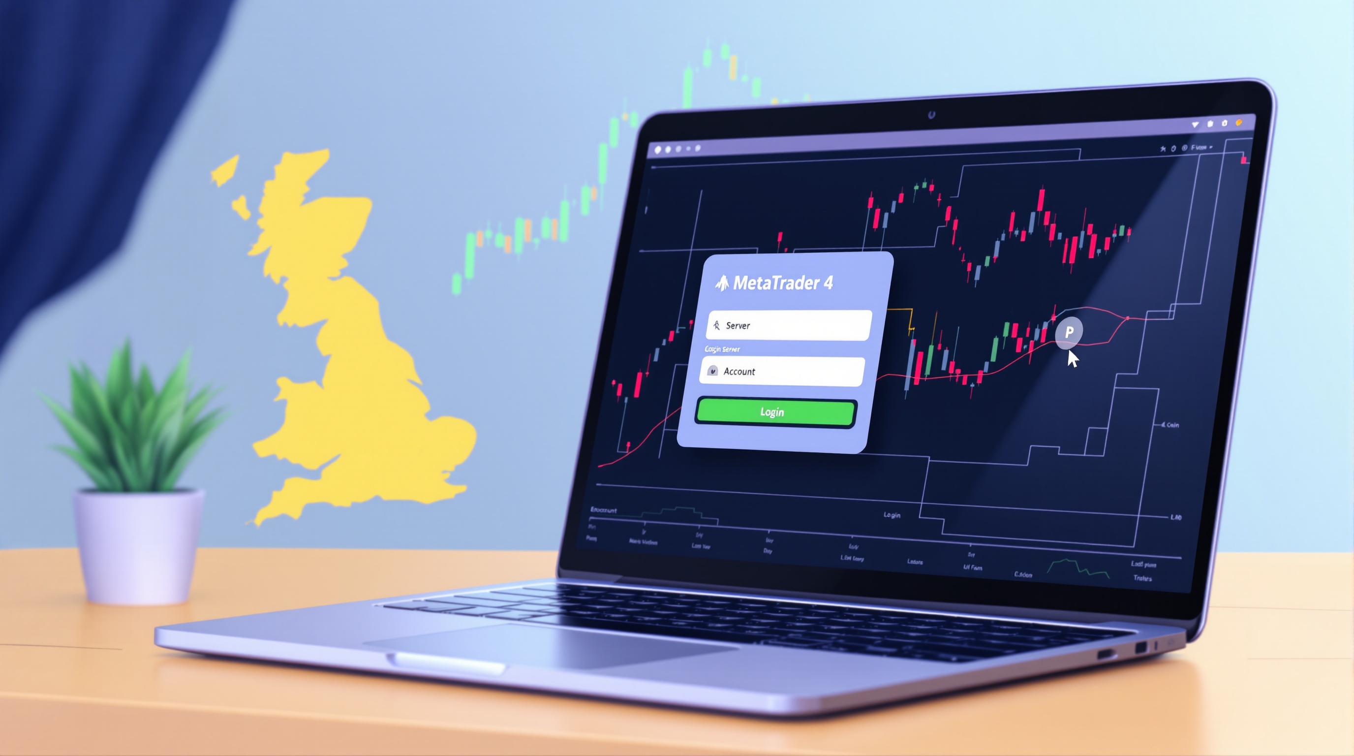 Laptop showing MetaTrader 4 login screen with server field next to a UK flag and forex charts