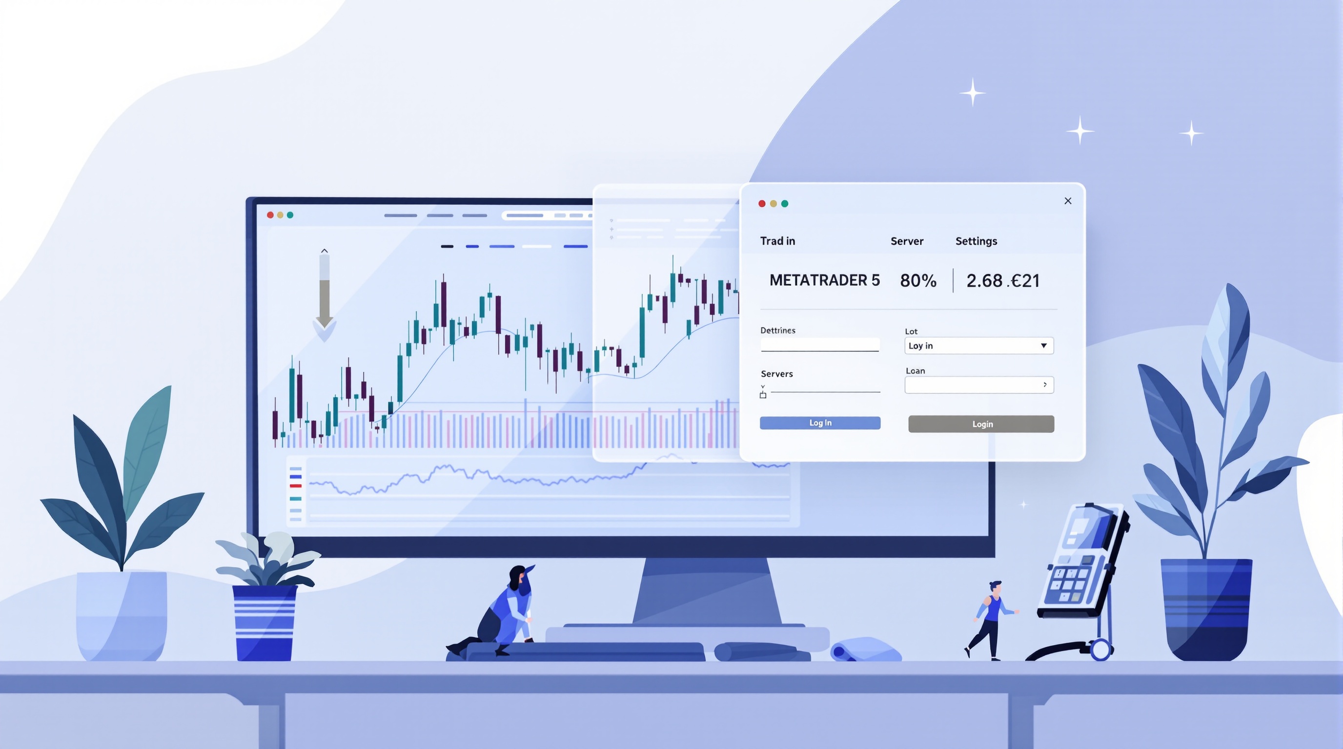 Trader setting up MetaTrader 5 login screen next to Axi UK account details on a desktop monitor