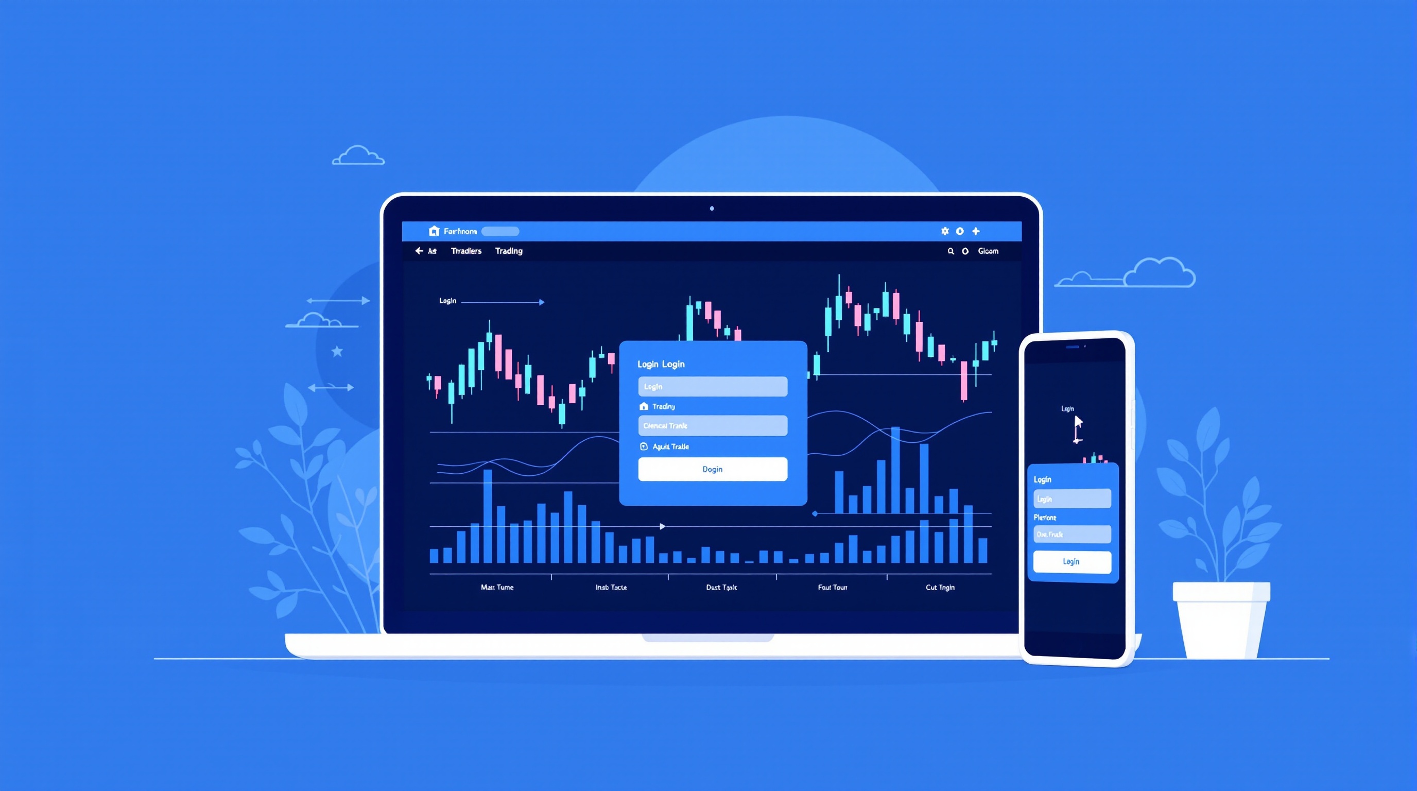 Trader connecting MetaTrader 5 desktop platform to a broker server, showing login window and chart panels
