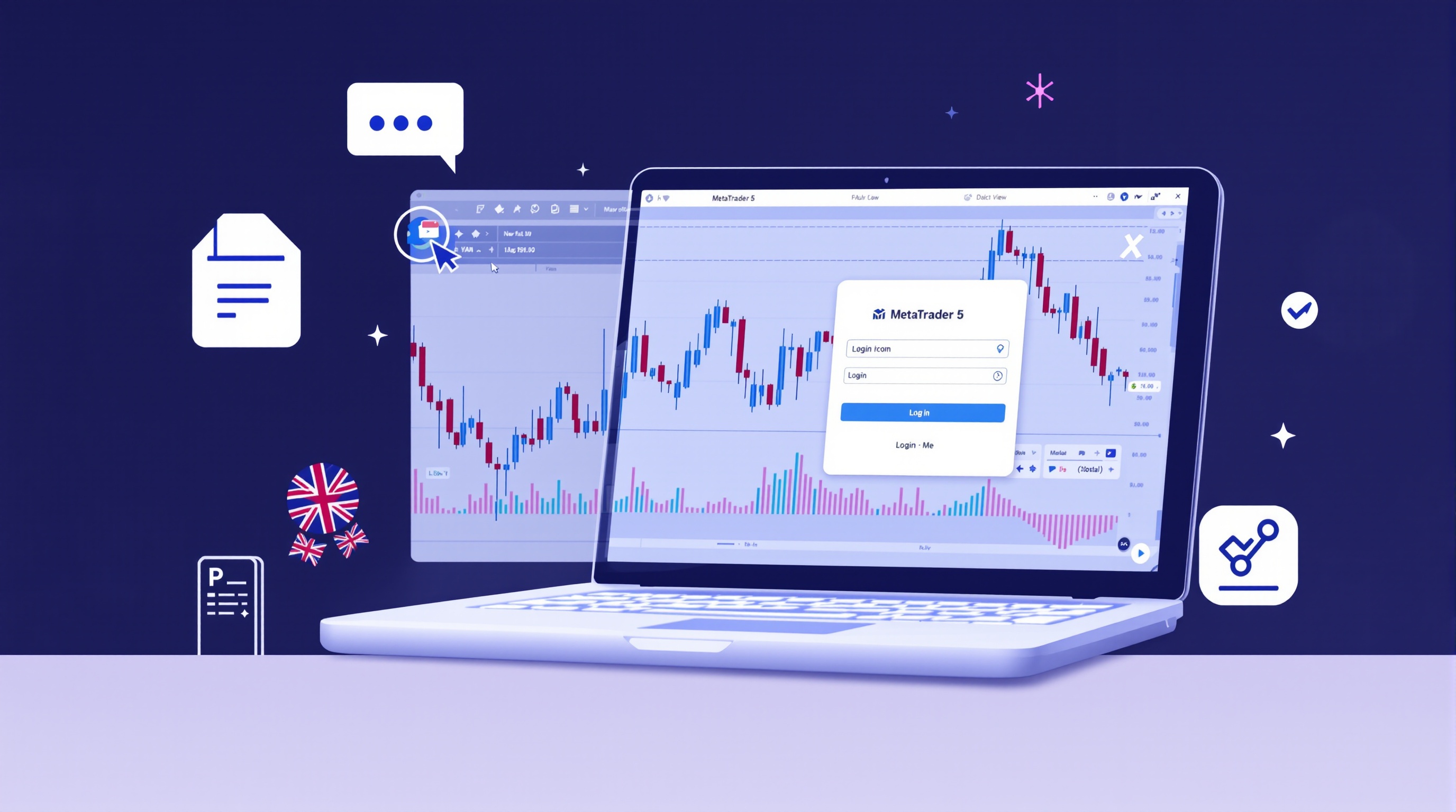 Trader setting up MetaTrader 5 platform on a laptop with forex charts, connecting to a broker server