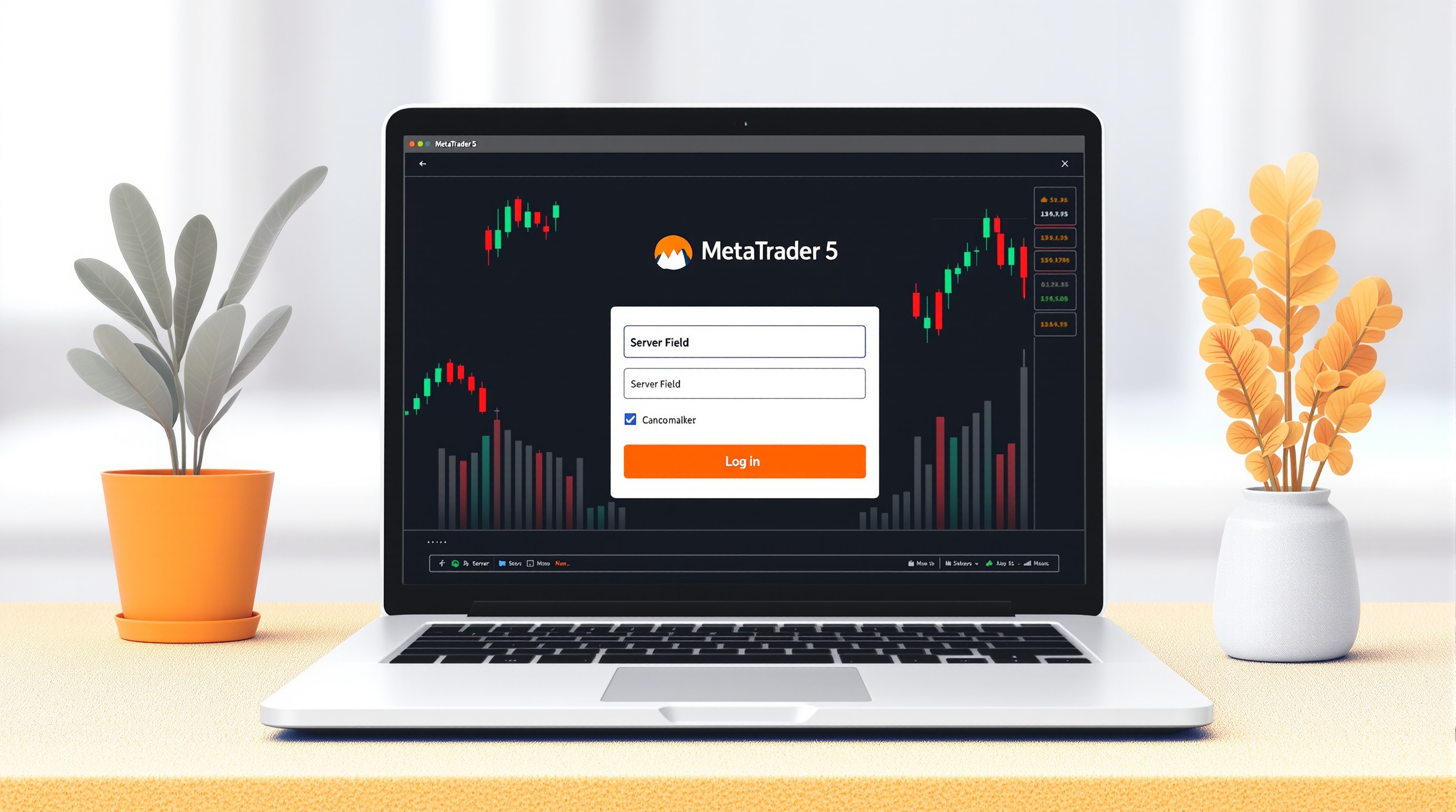 Trader setting up MetaTrader 5 login screen with server details on a laptop