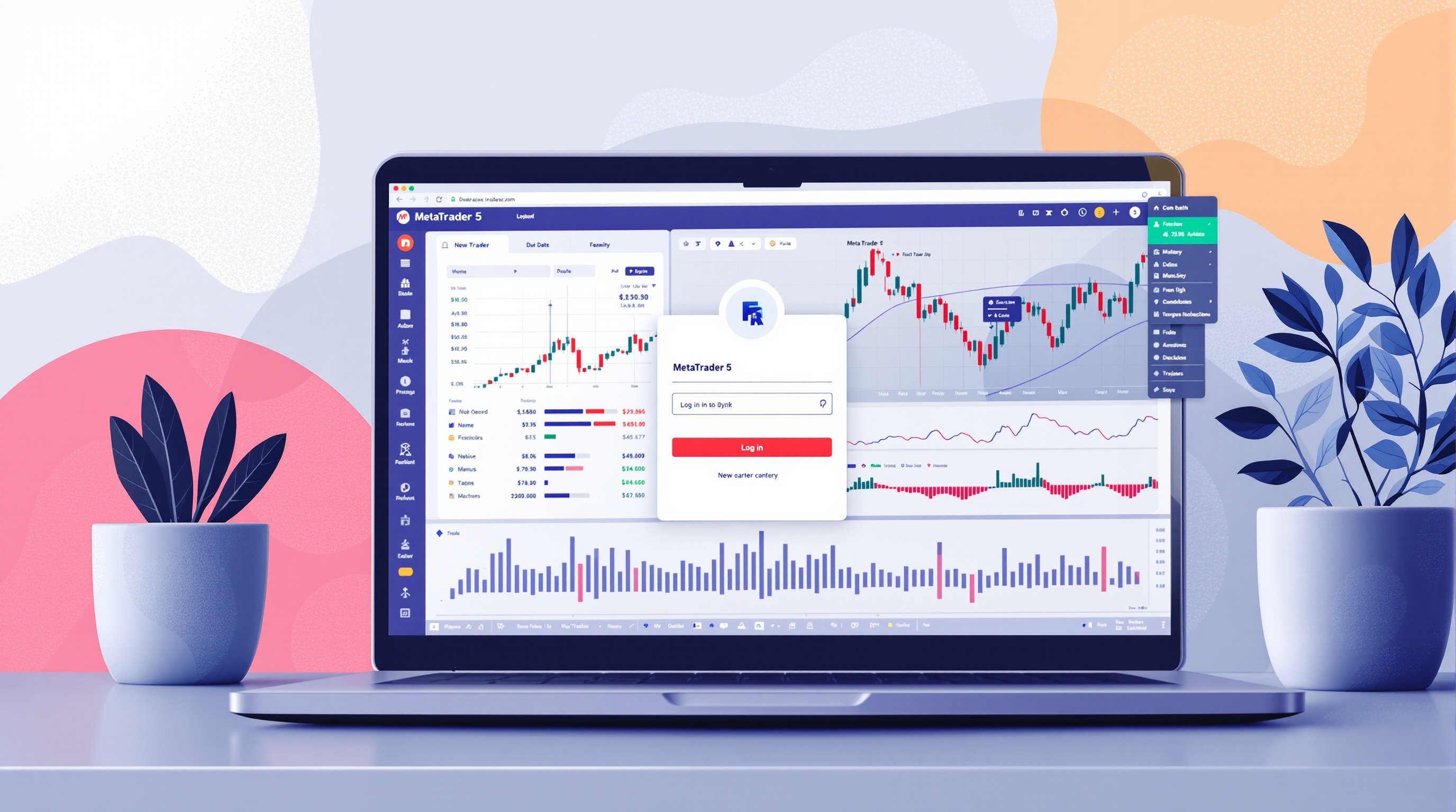 Trader connecting MetaTrader 5 platform to a UK broker account on a laptop with forex charts