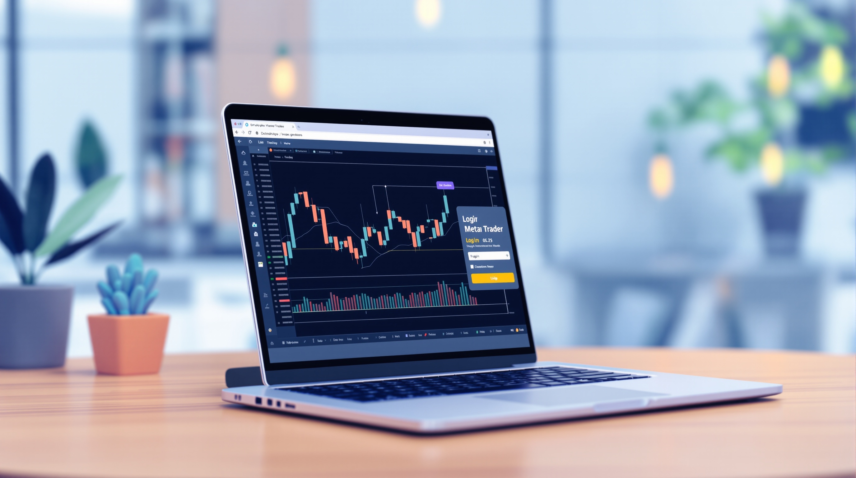 Trader connecting MetaTrader 5 platform to a broker server on a laptop screen