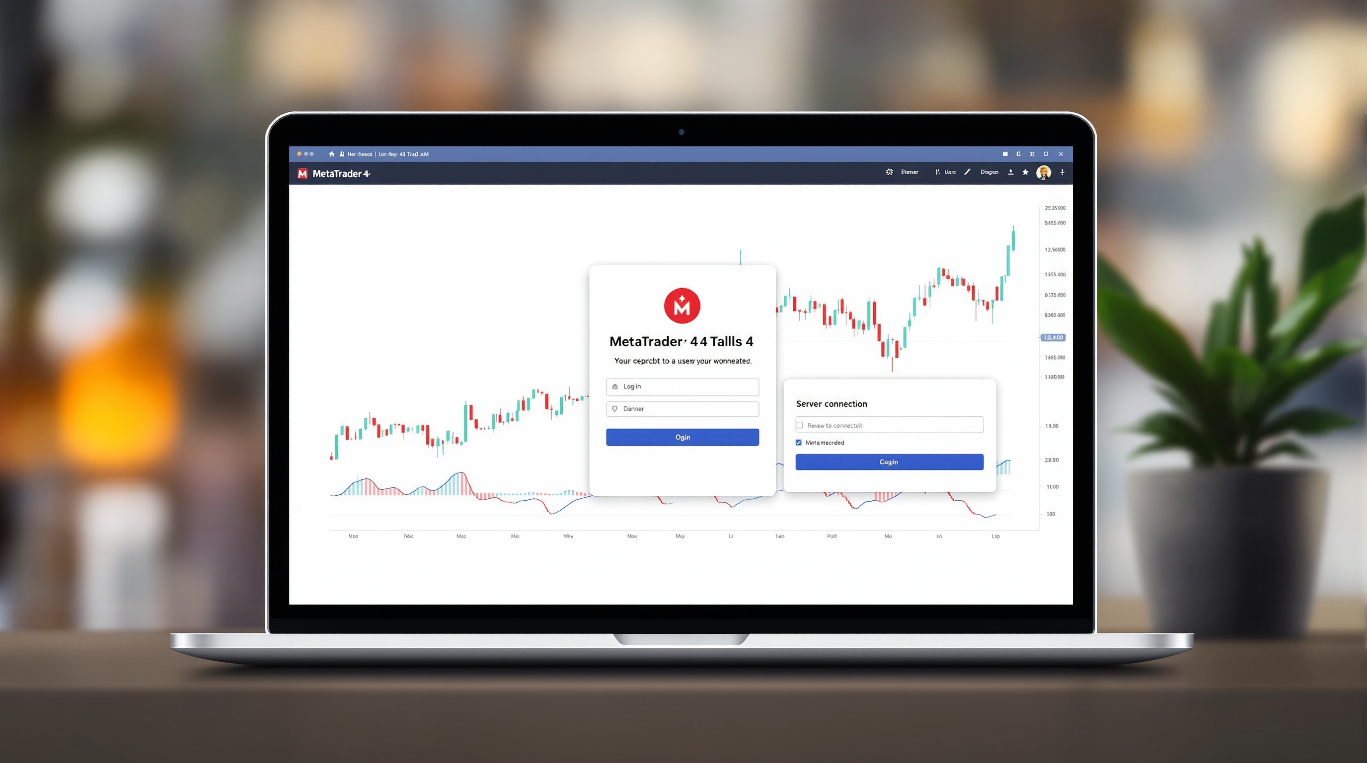 Trader logging into MetaTrader 4 platform with Admirals server connection screen shown on a laptop
