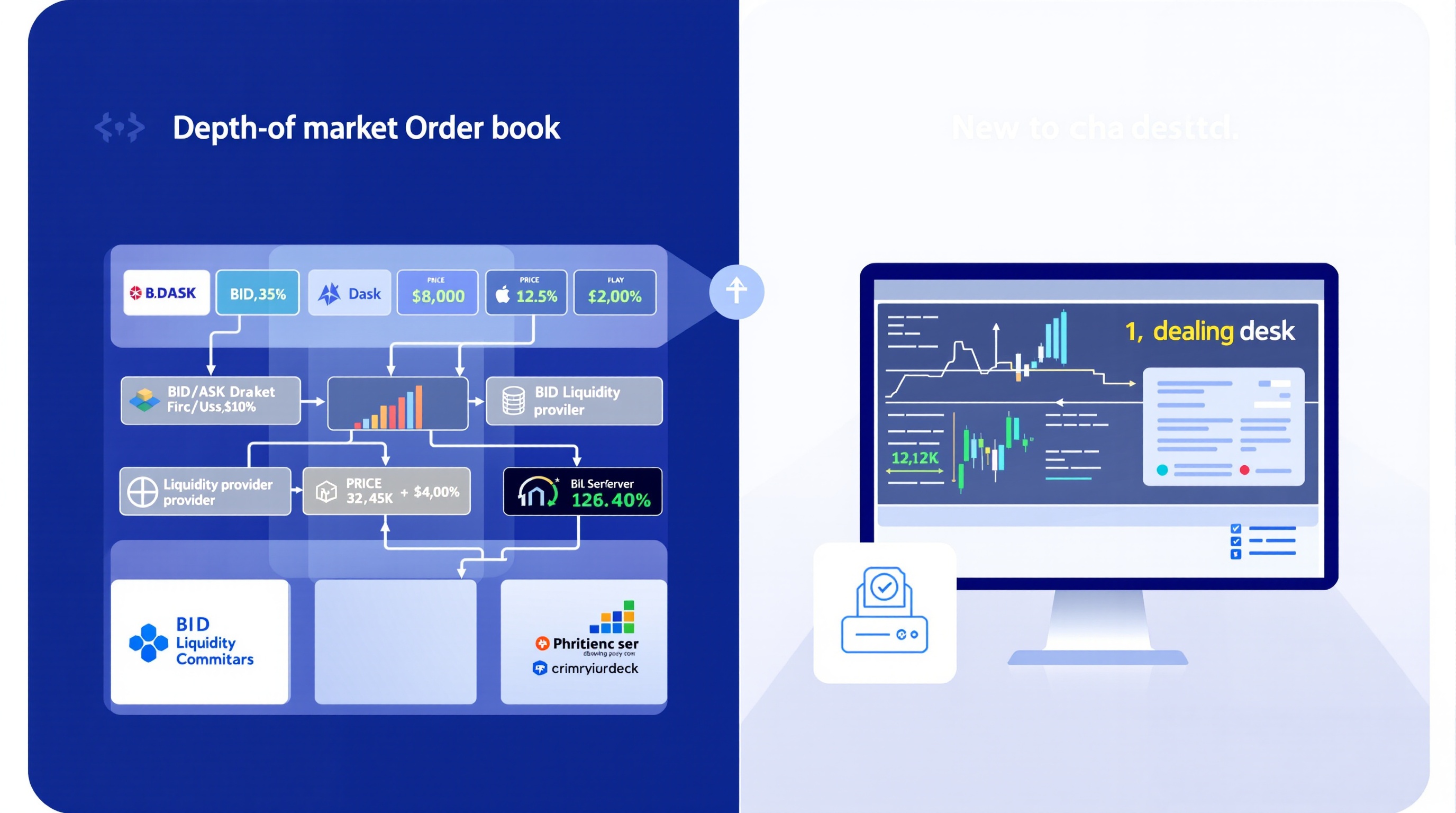 Split illustration comparing ECN order book depth on one side and a market maker dealing desk on the other
