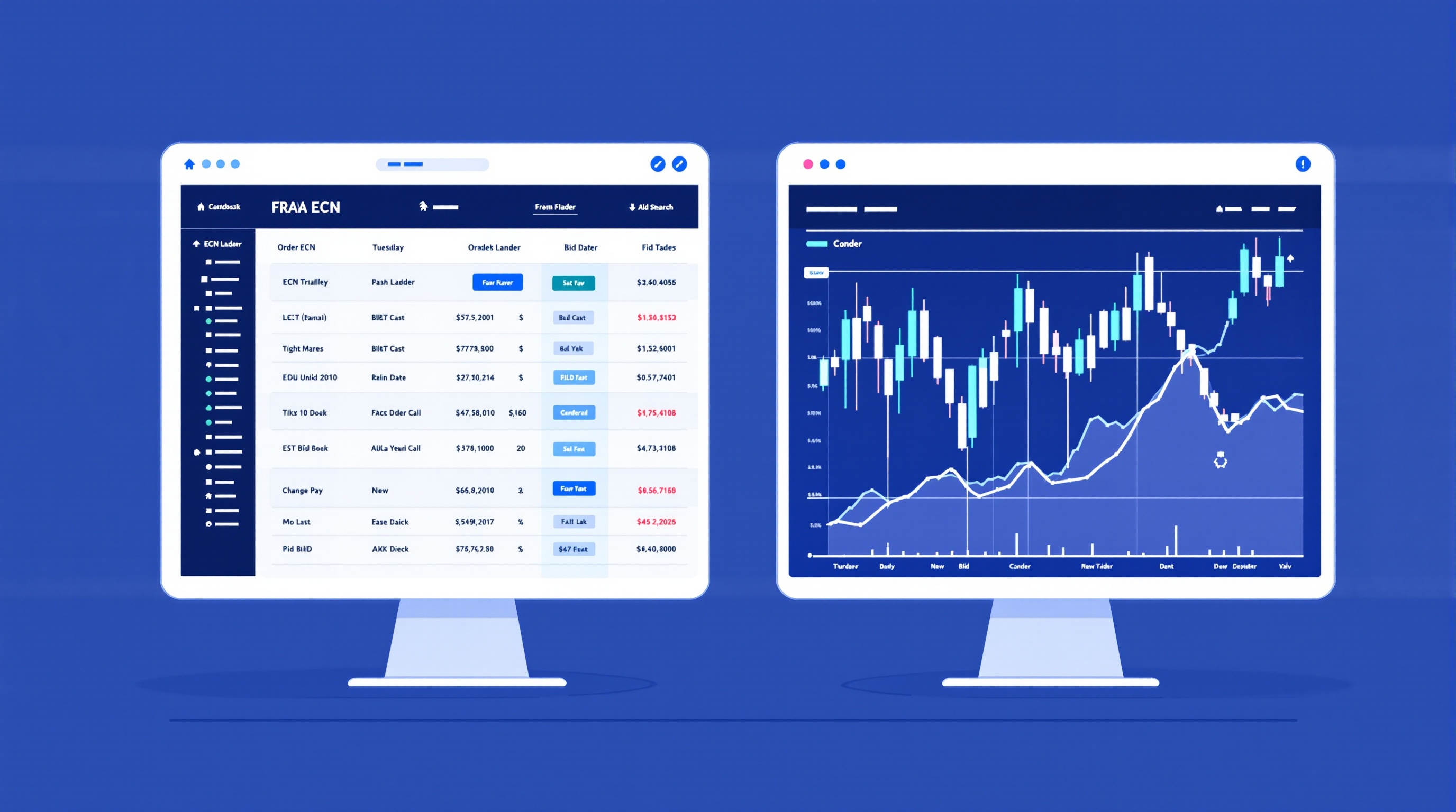 Split-screen illustration comparing an ECN raw spread order book with a standard account spread chart