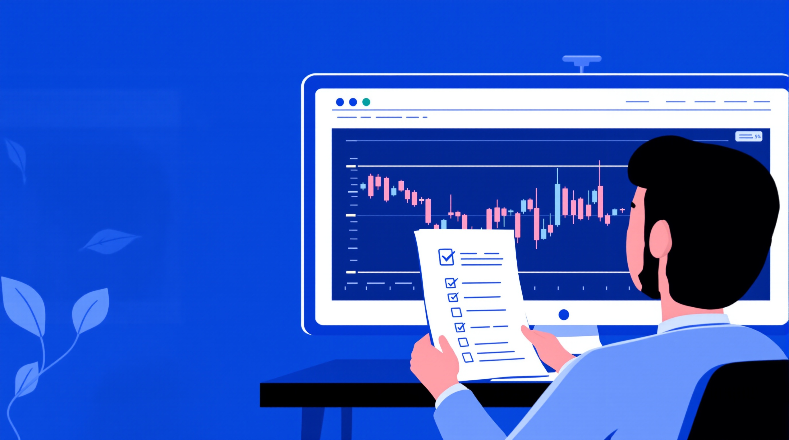 Illustration of a trader reviewing FCA professional client criteria against a forex trading chart