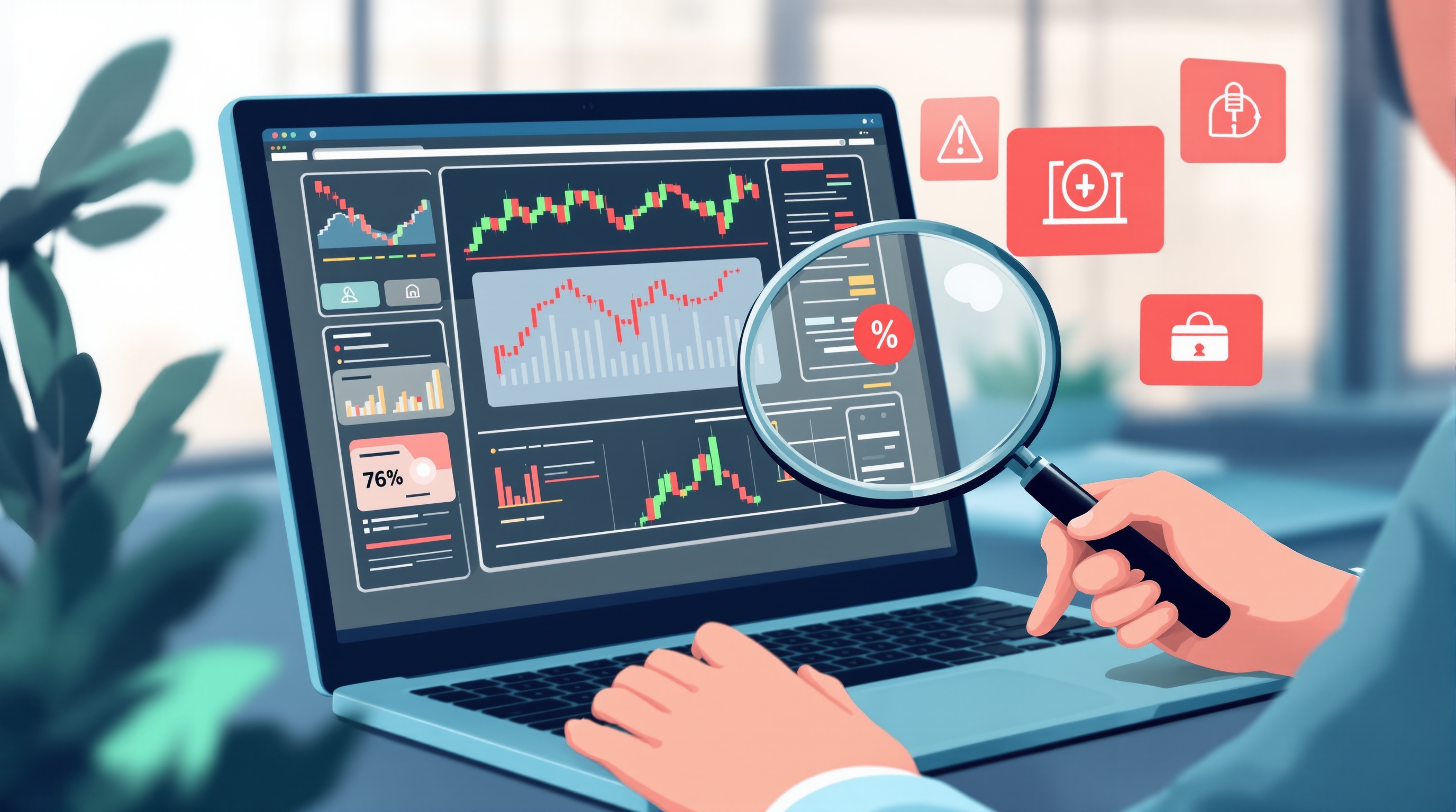 Trader reviewing a forex signal service performance report on a laptop with charts and a checklist