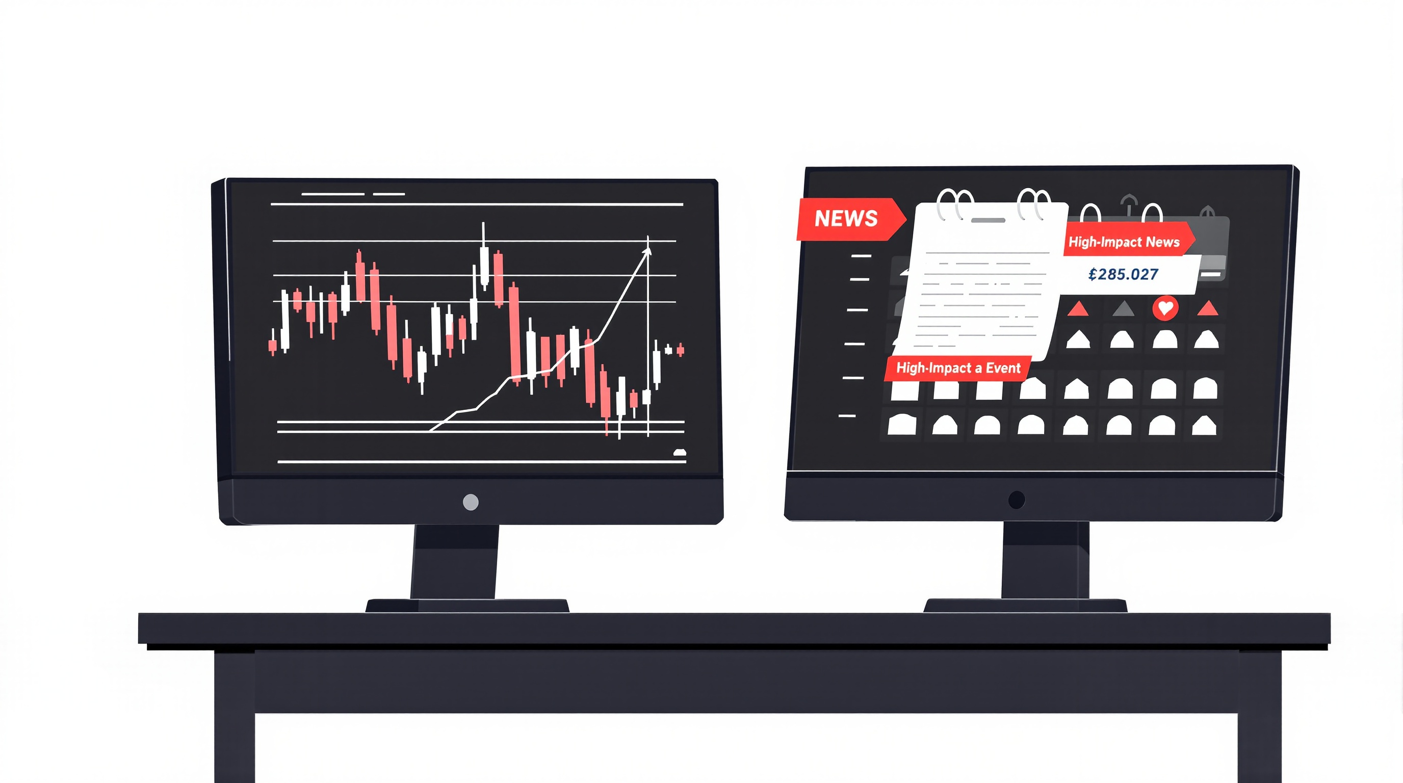 Trader monitoring an economic calendar and price chart moments before a high-impact news release