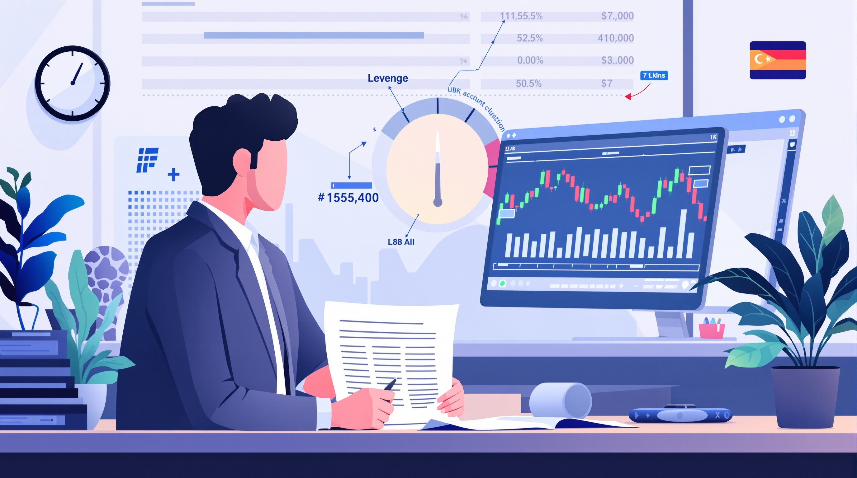 Illustration of a trader reviewing account tier documents beside a forex chart with a leverage gauge