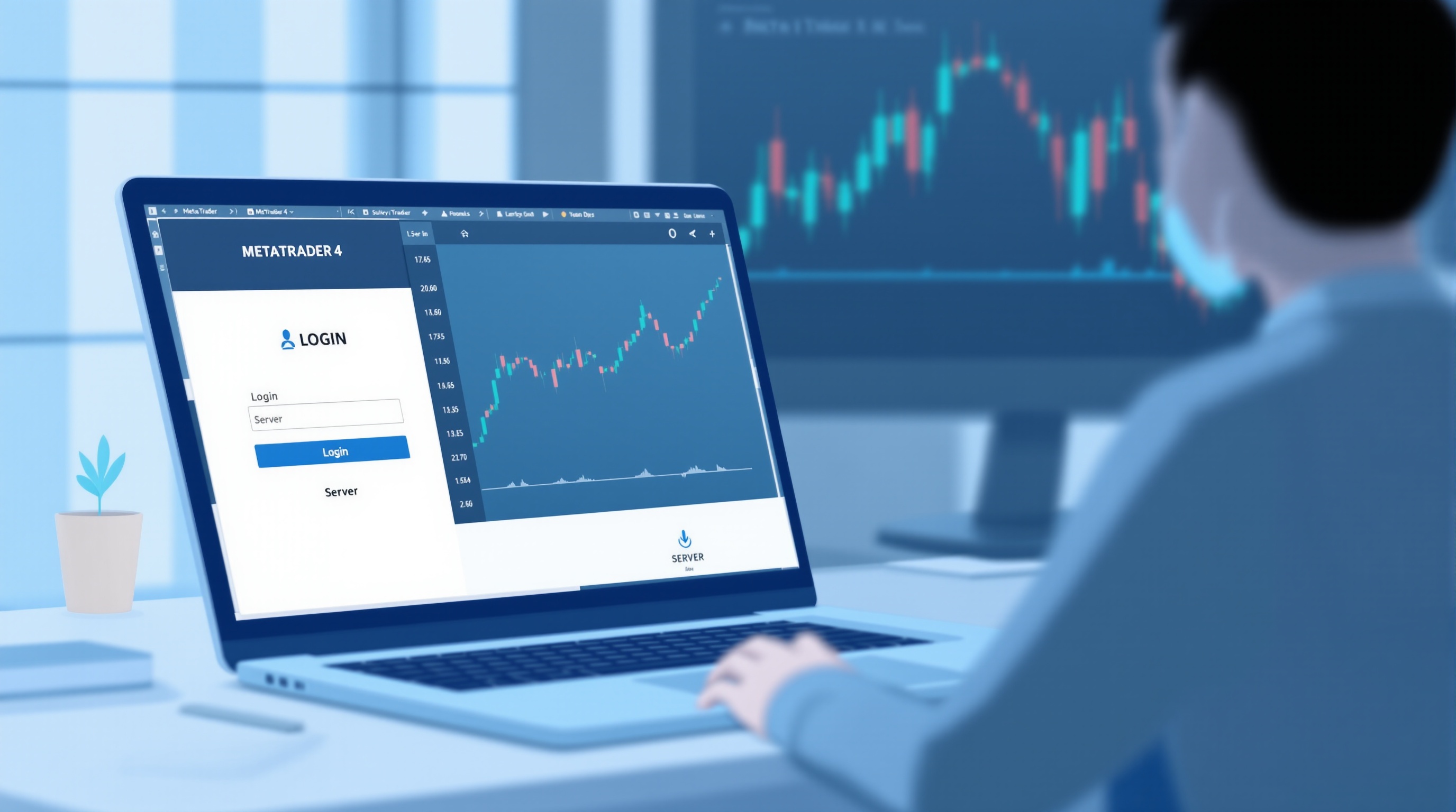 Trader troubleshooting an MT4 login screen with a broker server selection dialog open