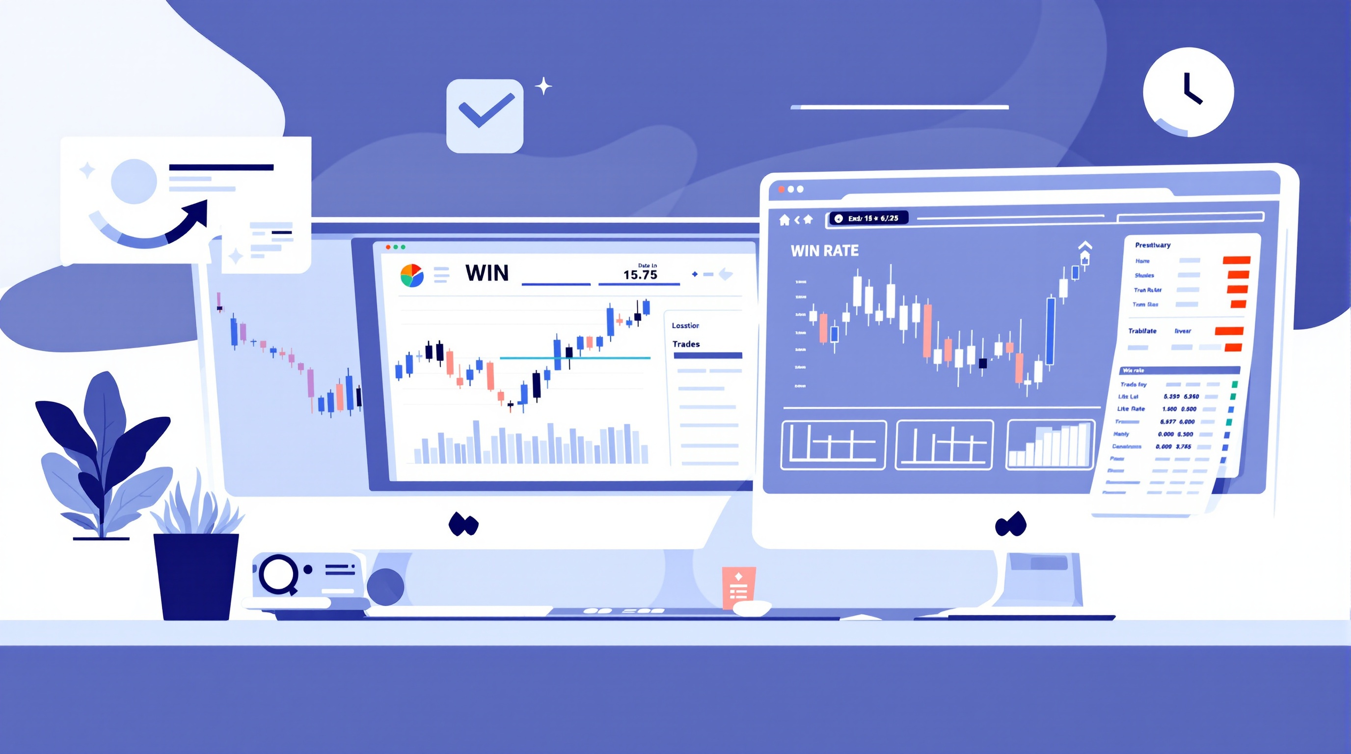 Trader analysing a forex signal's win rate and cost data on dual monitors