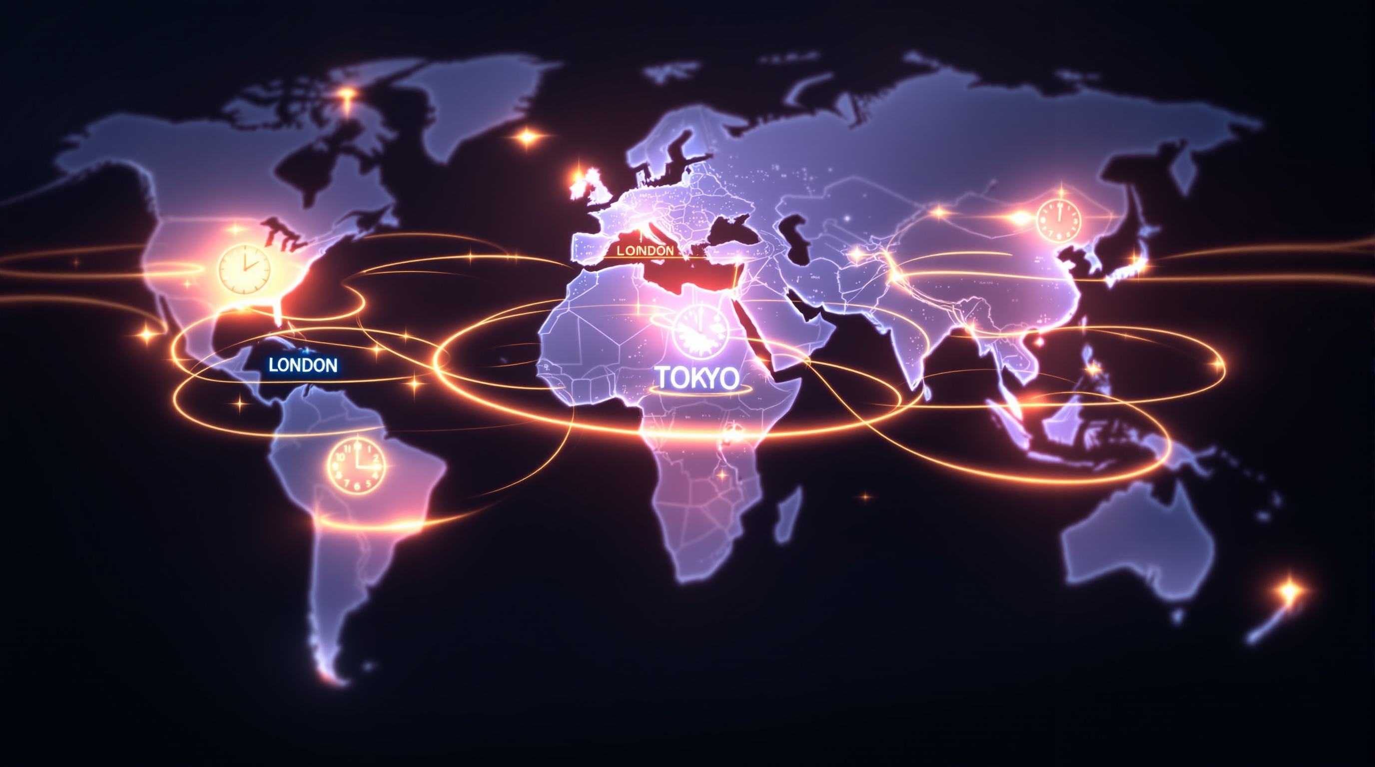 World map showing overlapping forex trading session times across London, New York and Tokyo
