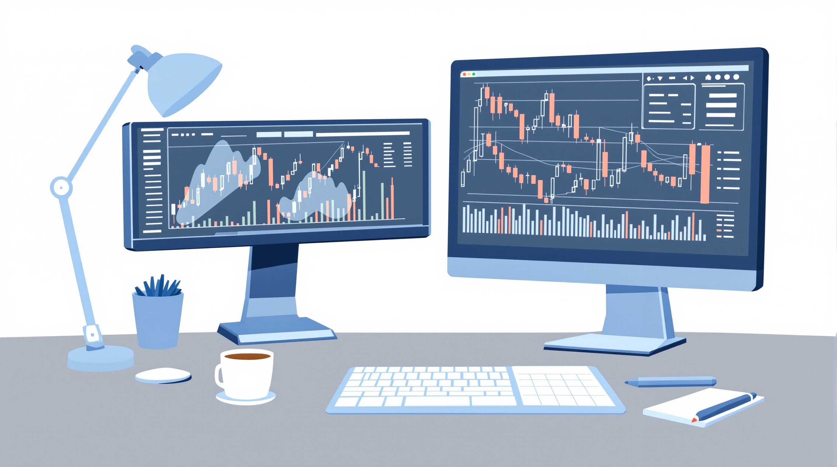 Trader monitoring a demo account chart alongside a printed trading journal