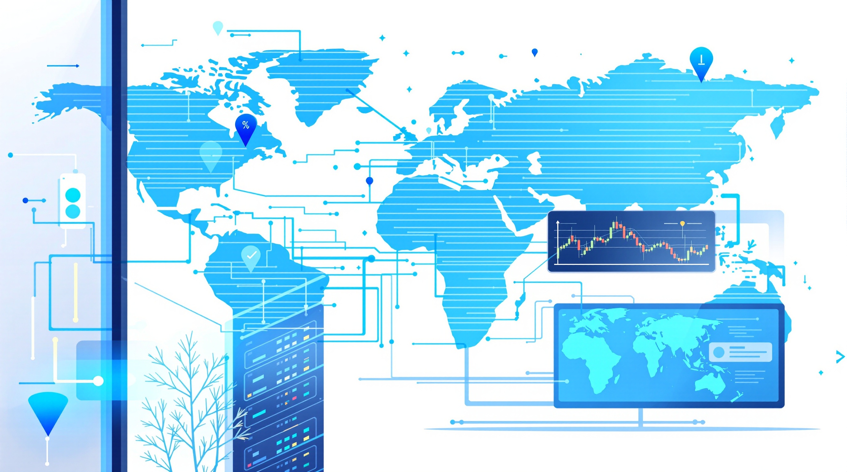 Illustration of a server rack connected to candlestick charts representing a trading VPS