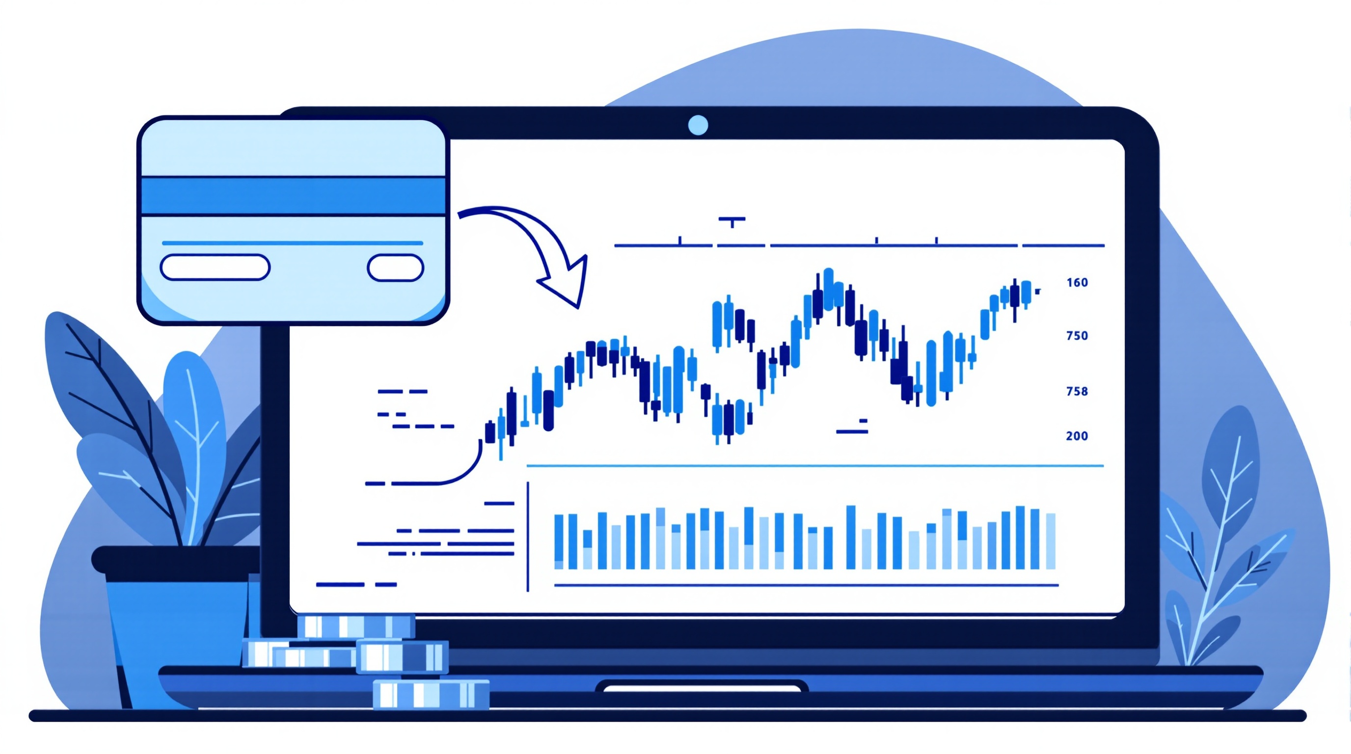 Illustration of a hand transferring money between a bank card and a trading platform screen
