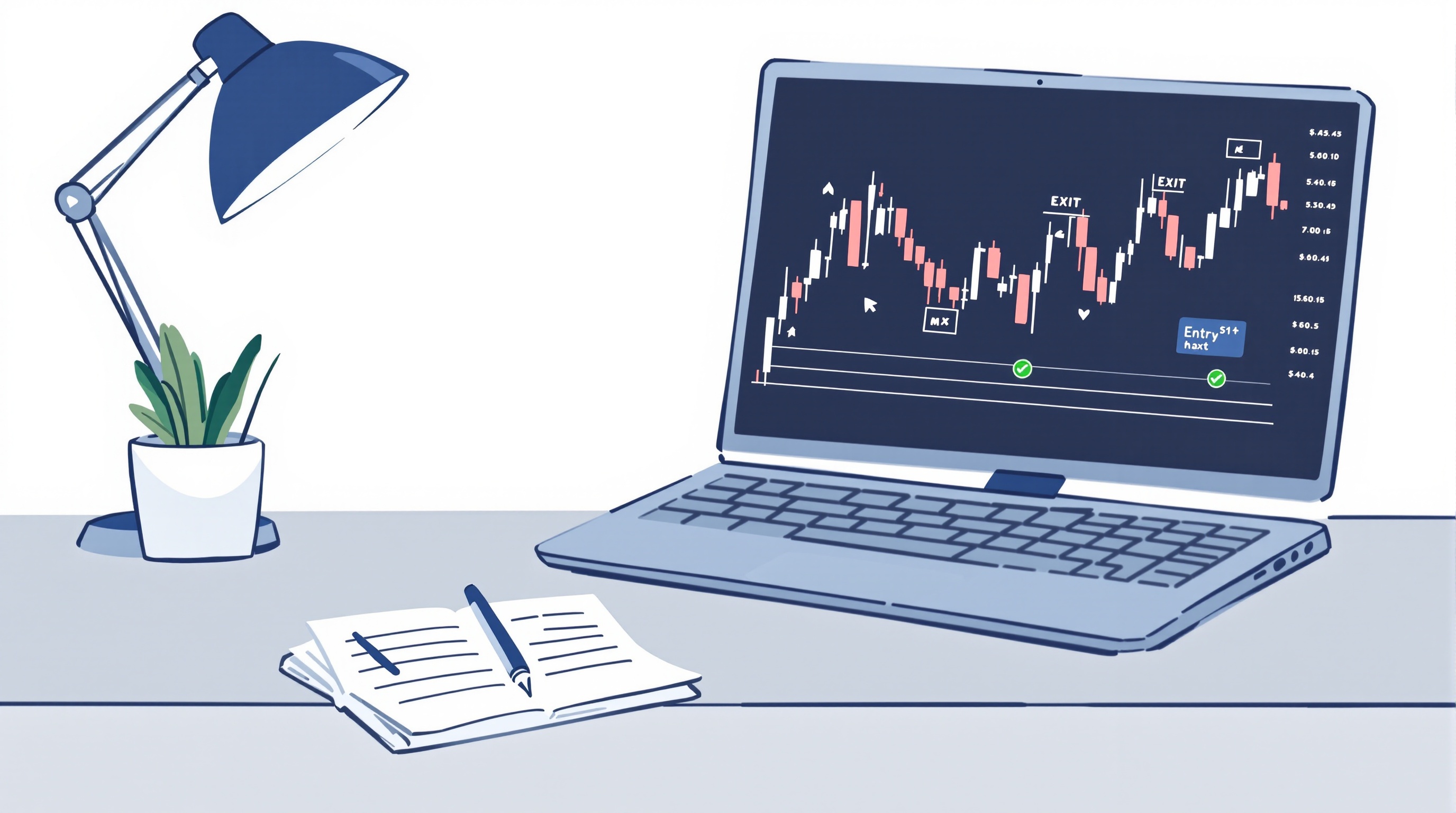 Trader marking entry and exit points on a historical price chart while logging results in a spreadsheet