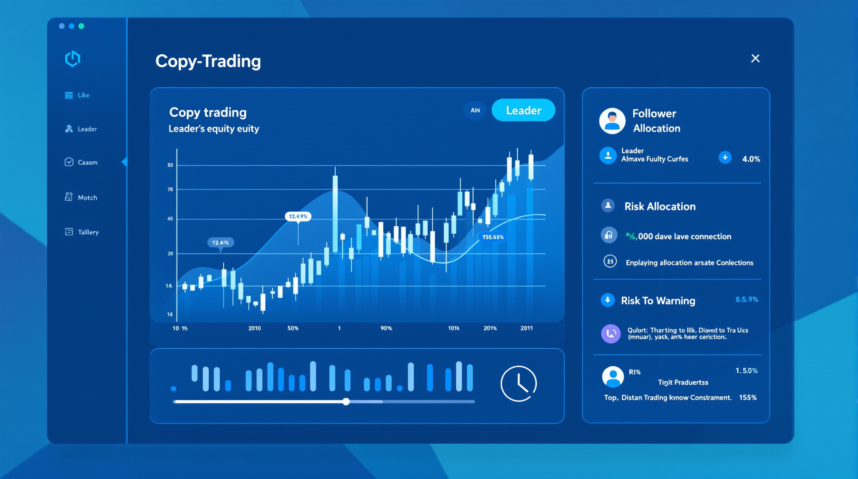 Trader reviewing a copy trading dashboard with performance stats and risk warnings on screen