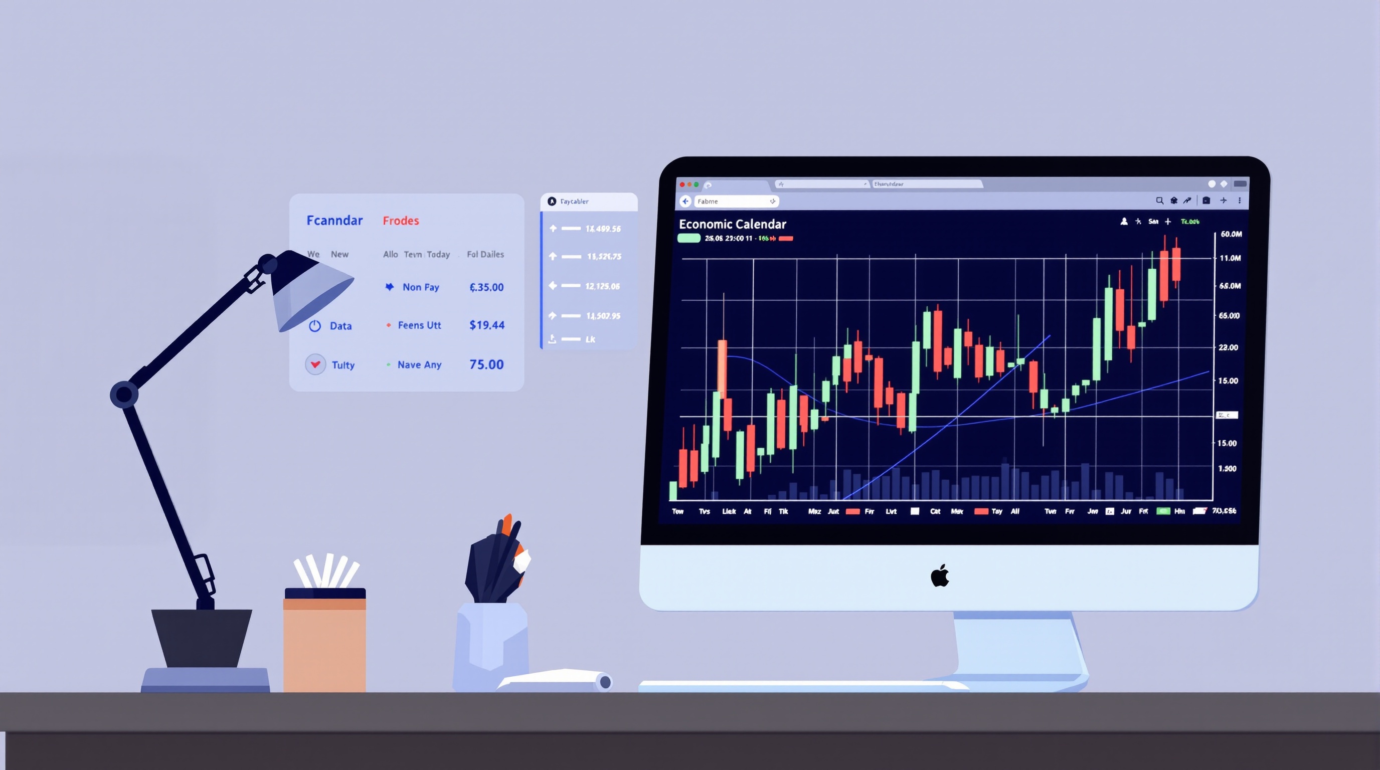 Illustration of a trader checking an economic calendar alongside a forex price chart