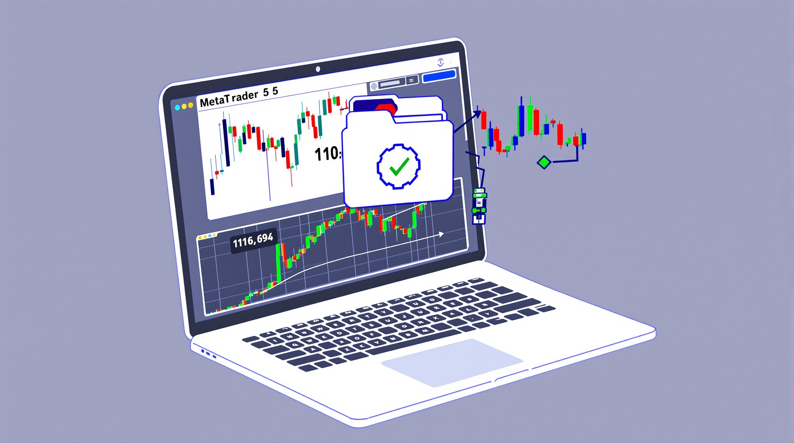 Trader dragging an Expert Advisor file into the MetaTrader 5 data folder on a laptop screen