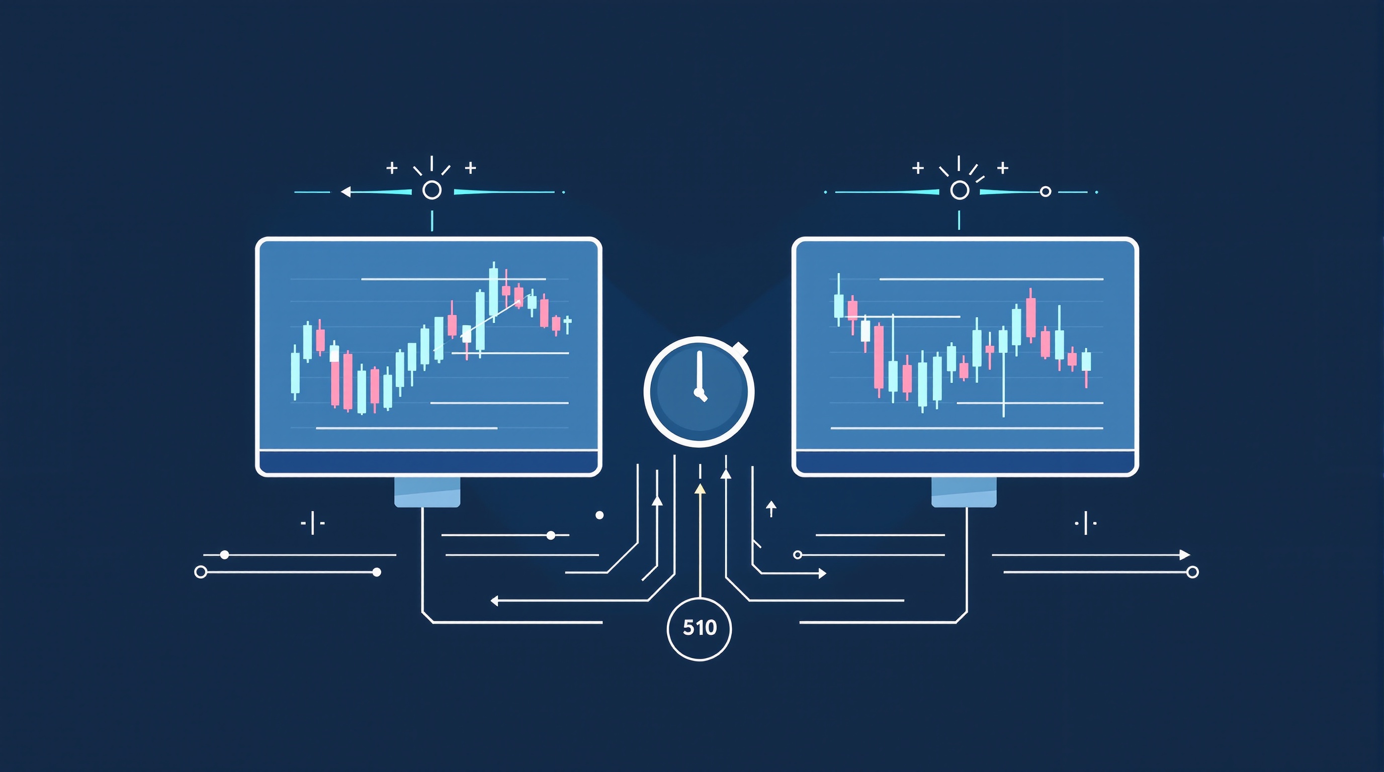 Split-screen chart showing a fast price feed racing ahead of a slower broker quote, with a stopwatch overlay