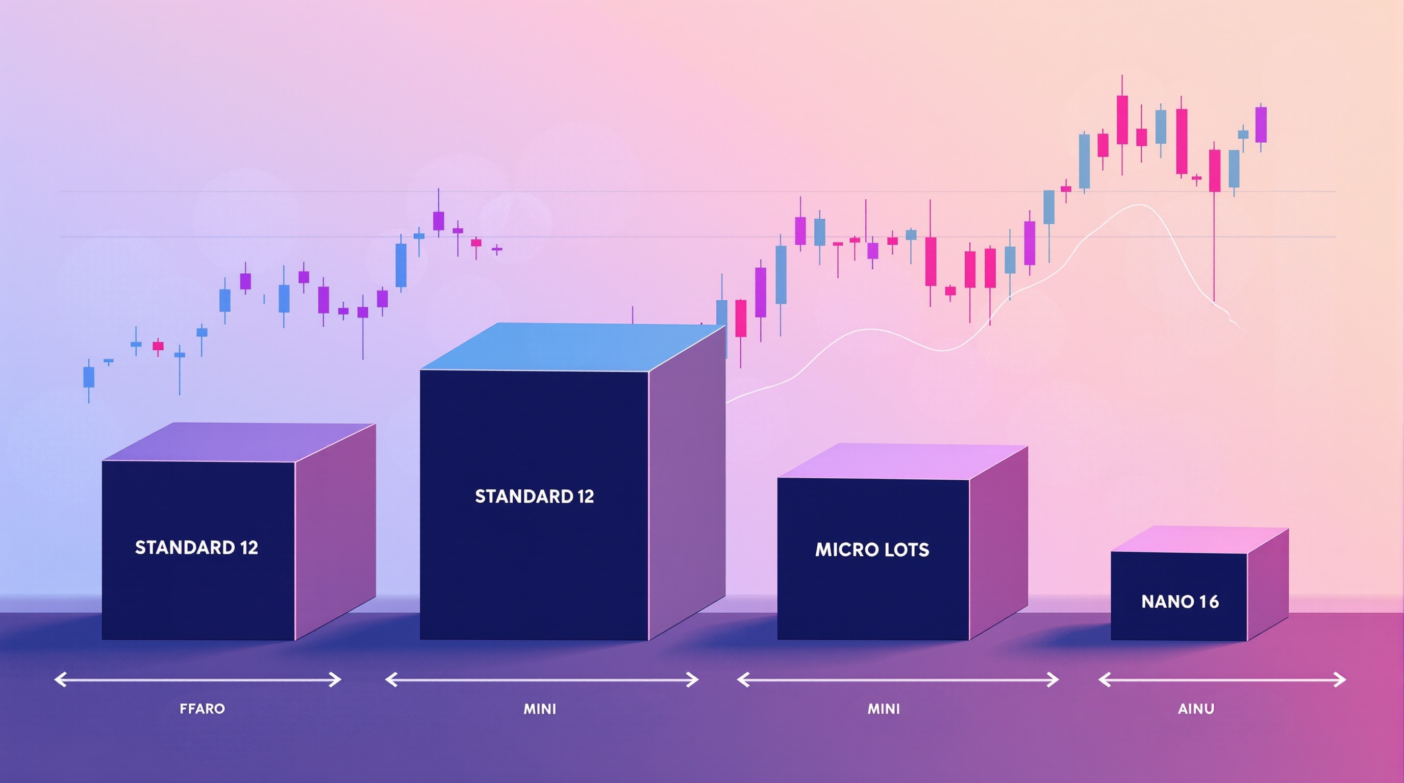 Illustration of stacked currency blocks shrinking in size to represent standard, mini, micro and nano forex lots