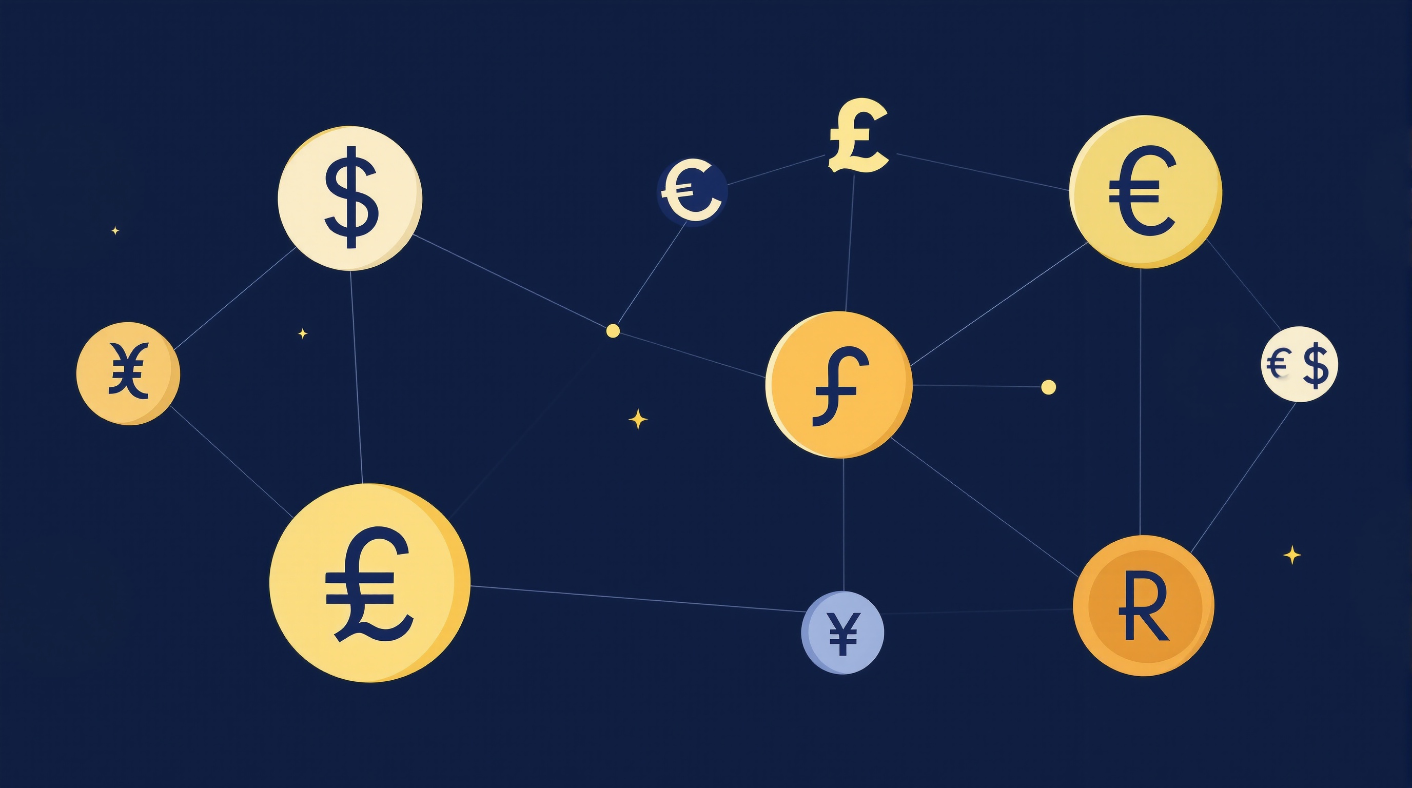 Illustration of world currency symbols connected by lines showing major, minor and exotic forex pairs