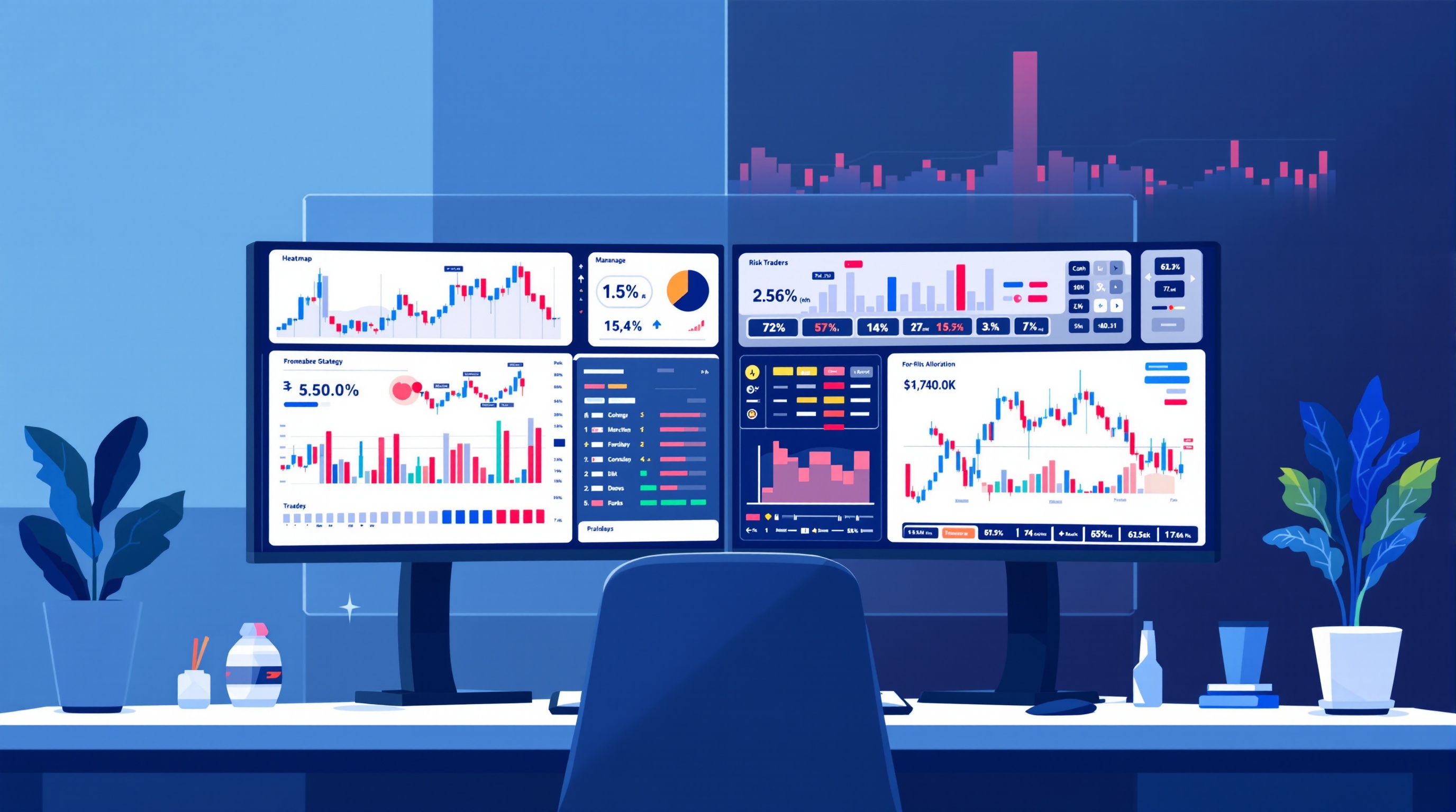 Trader monitoring several forex strategy dashboards showing correlation and risk allocation charts