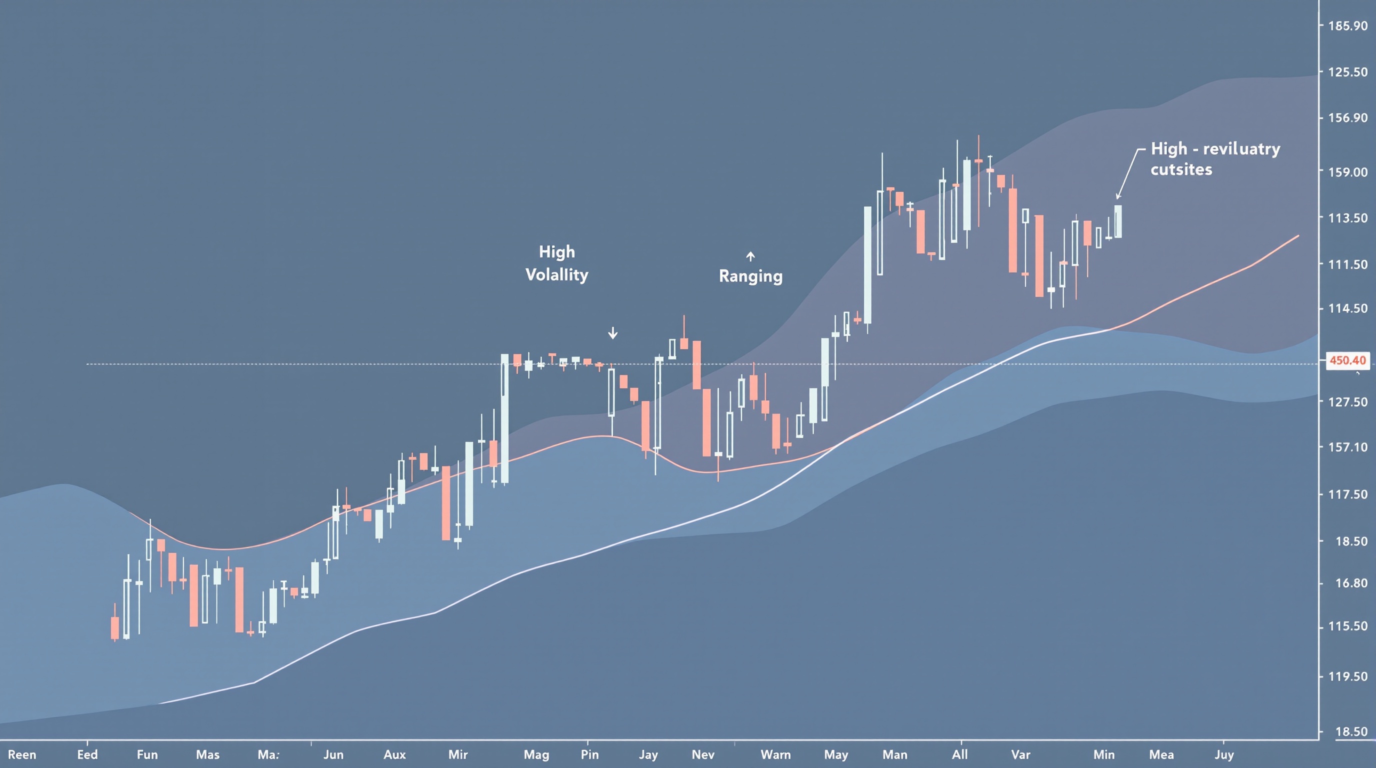 Chart split into trending, ranging and volatile zones with a switching indicator overlay