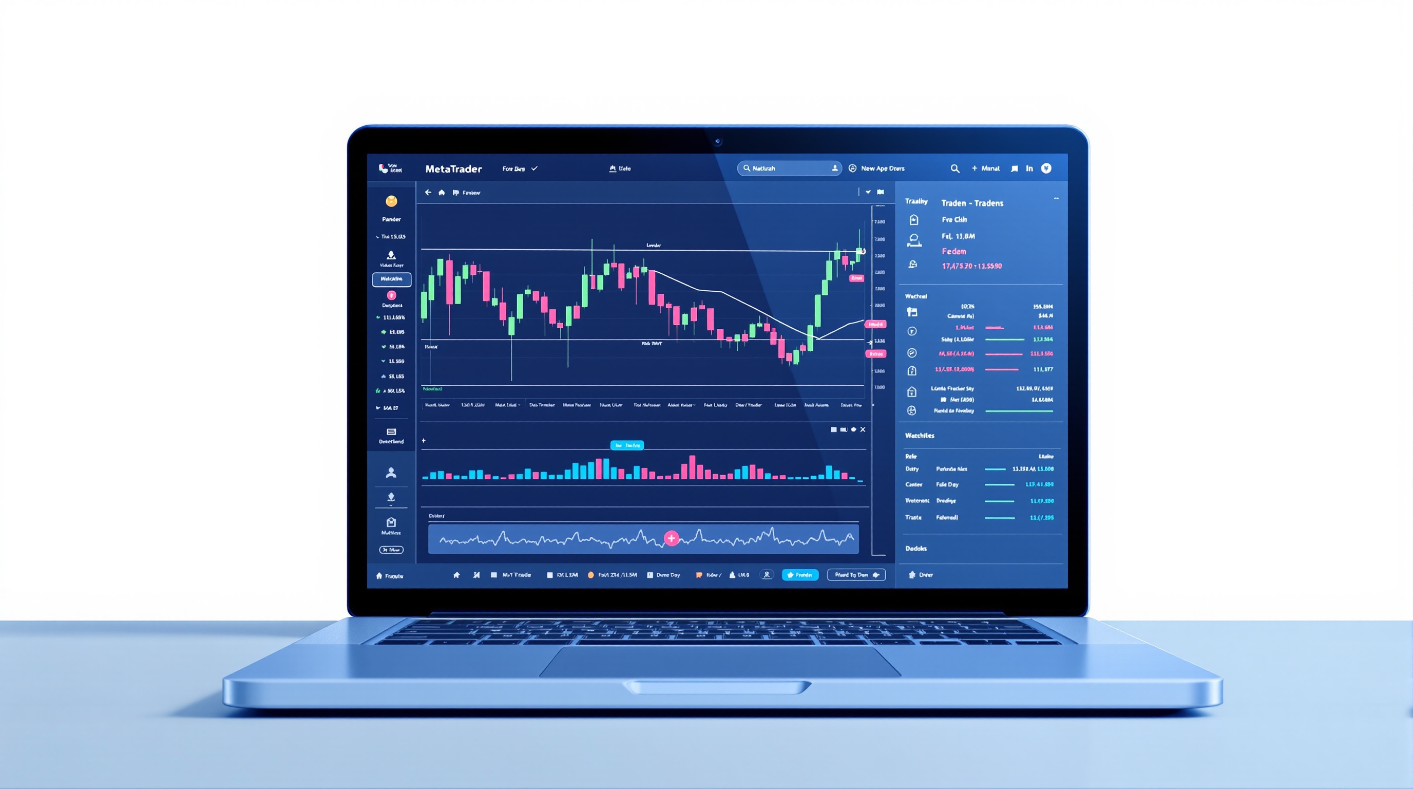 Trader setting up a MetaTrader 4 demo account on a laptop with charts and order window visible