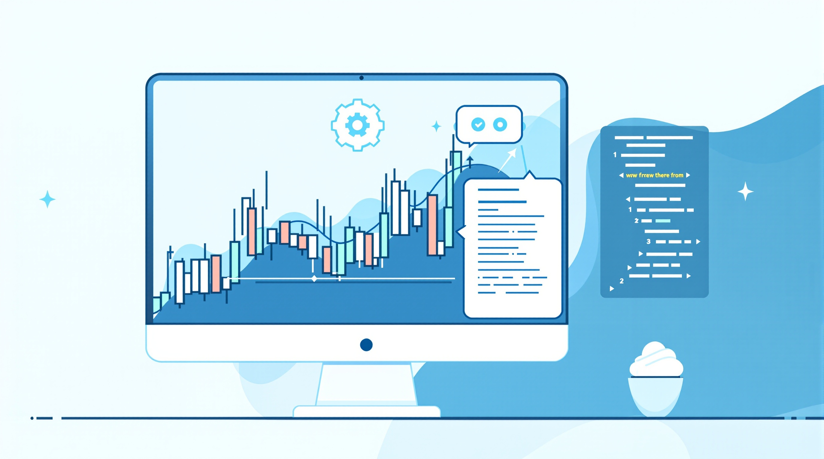 Illustration of MetaTrader 4 chart with an automated trading robot icon and code panel