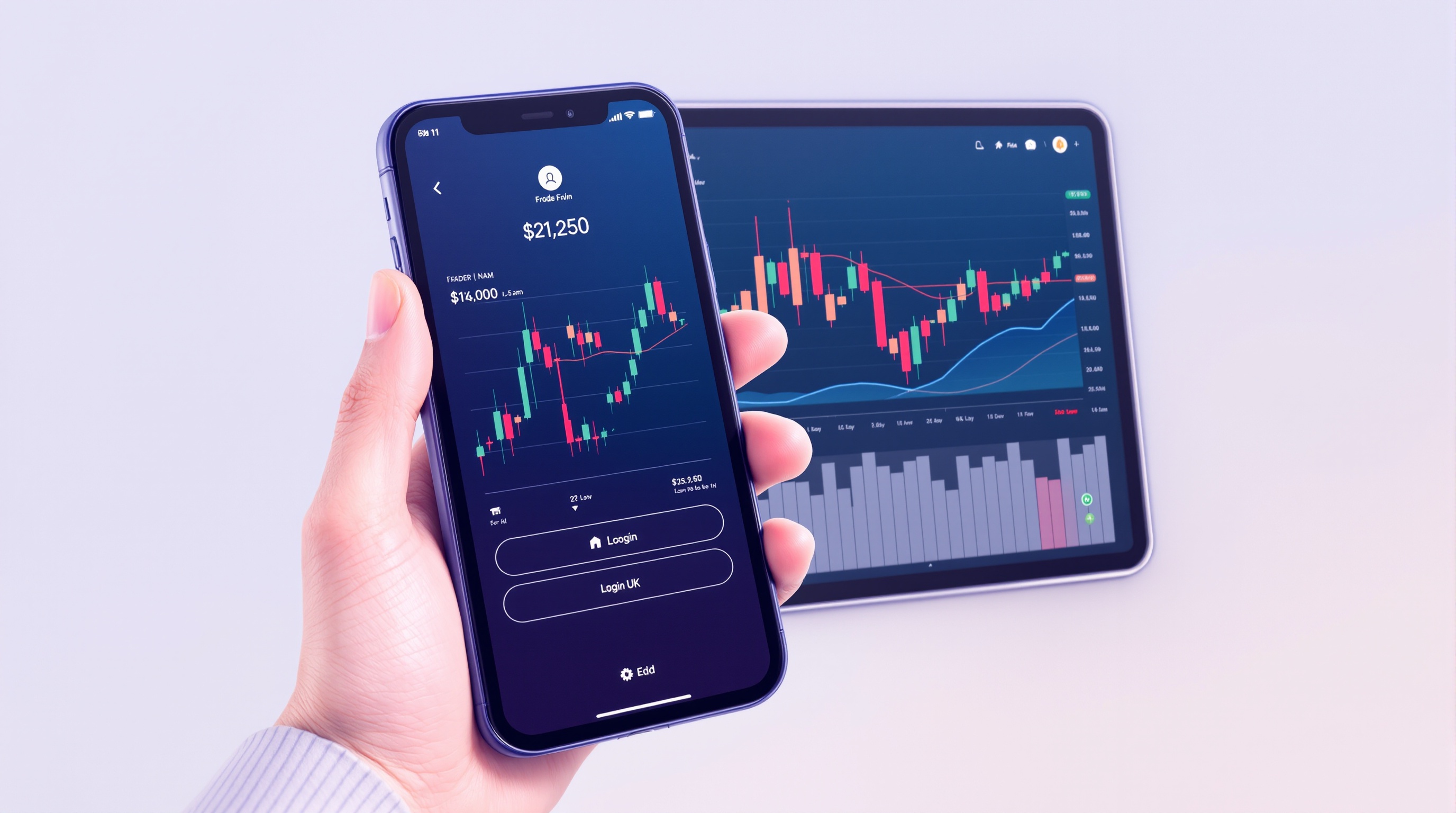 Smartphone and tablet showing MetaTrader 4 charts with a UK flag motif in the background