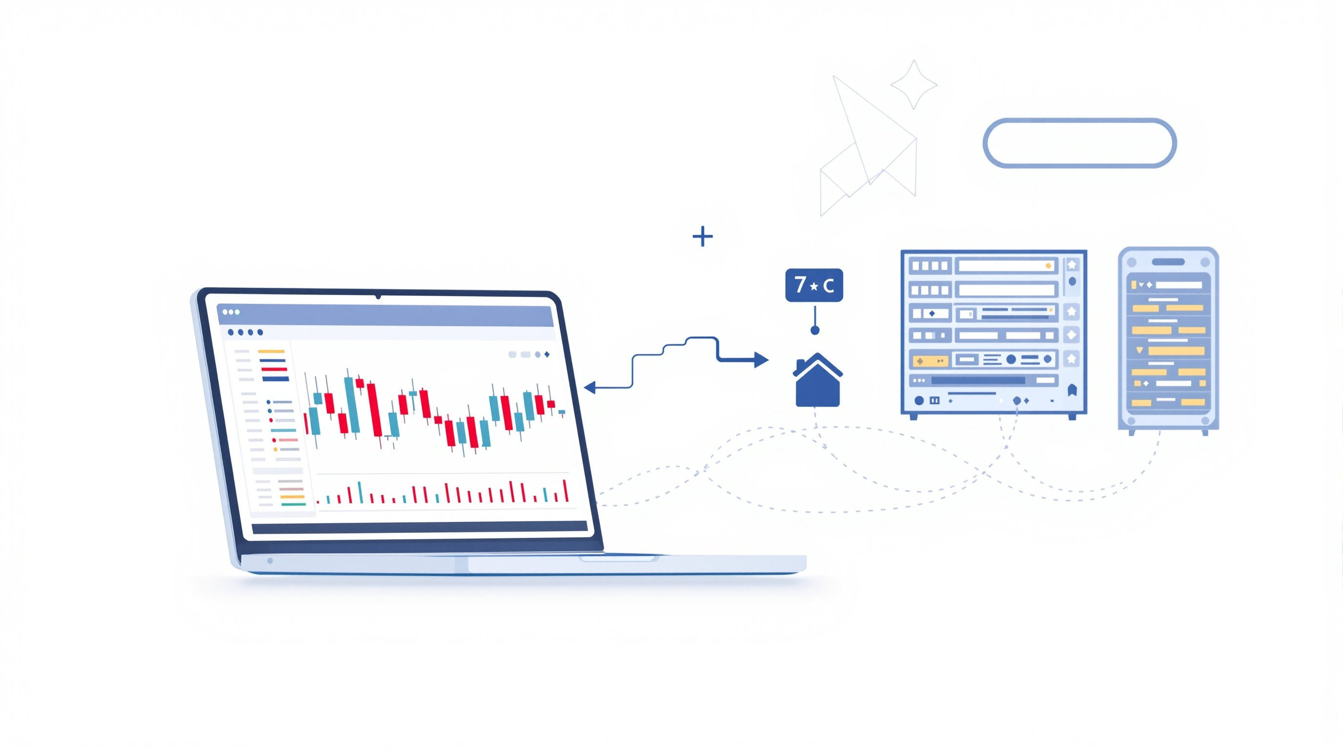 Illustration of a laptop connected to a remote server hosting a MetaTrader 4 trading terminal with live charts