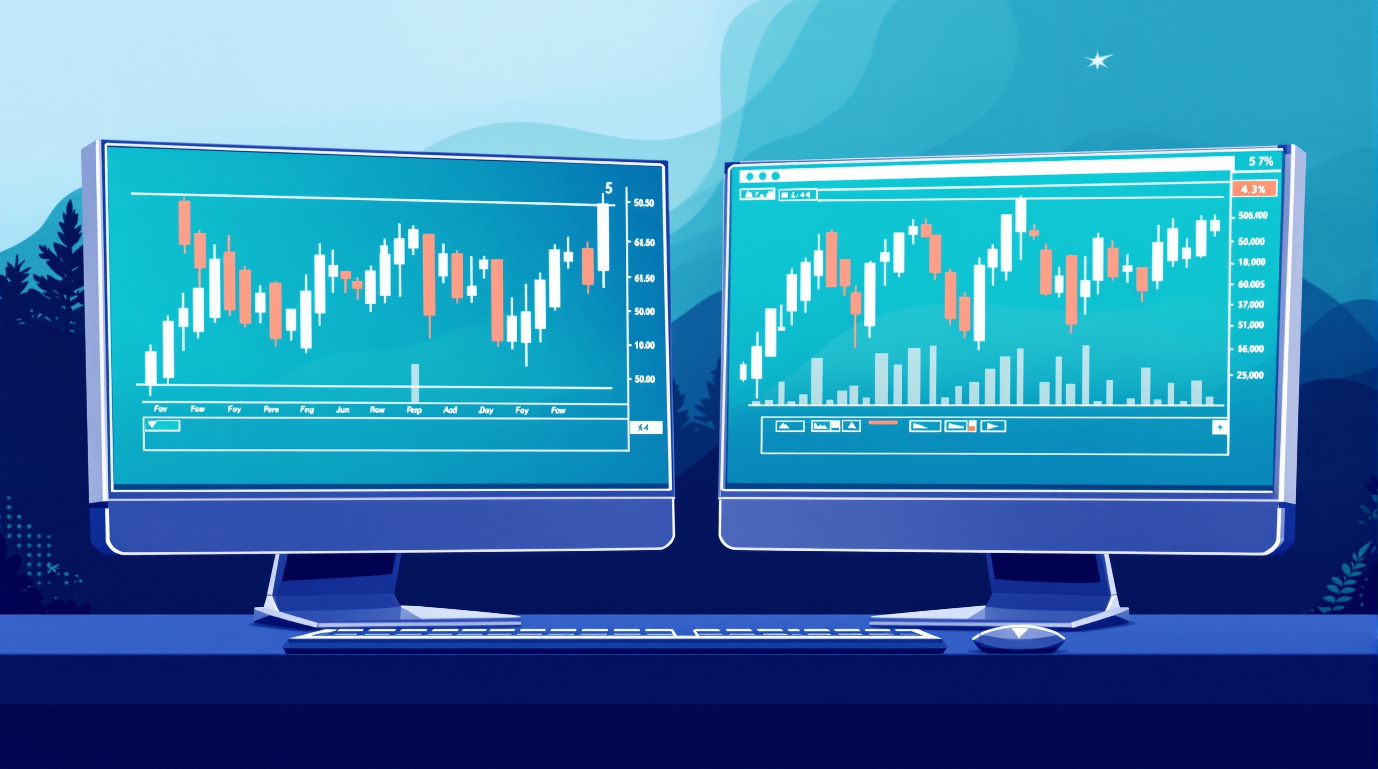 Split-screen illustration comparing MetaTrader 5 and MetaTrader 4 trading charts on desktop monitors