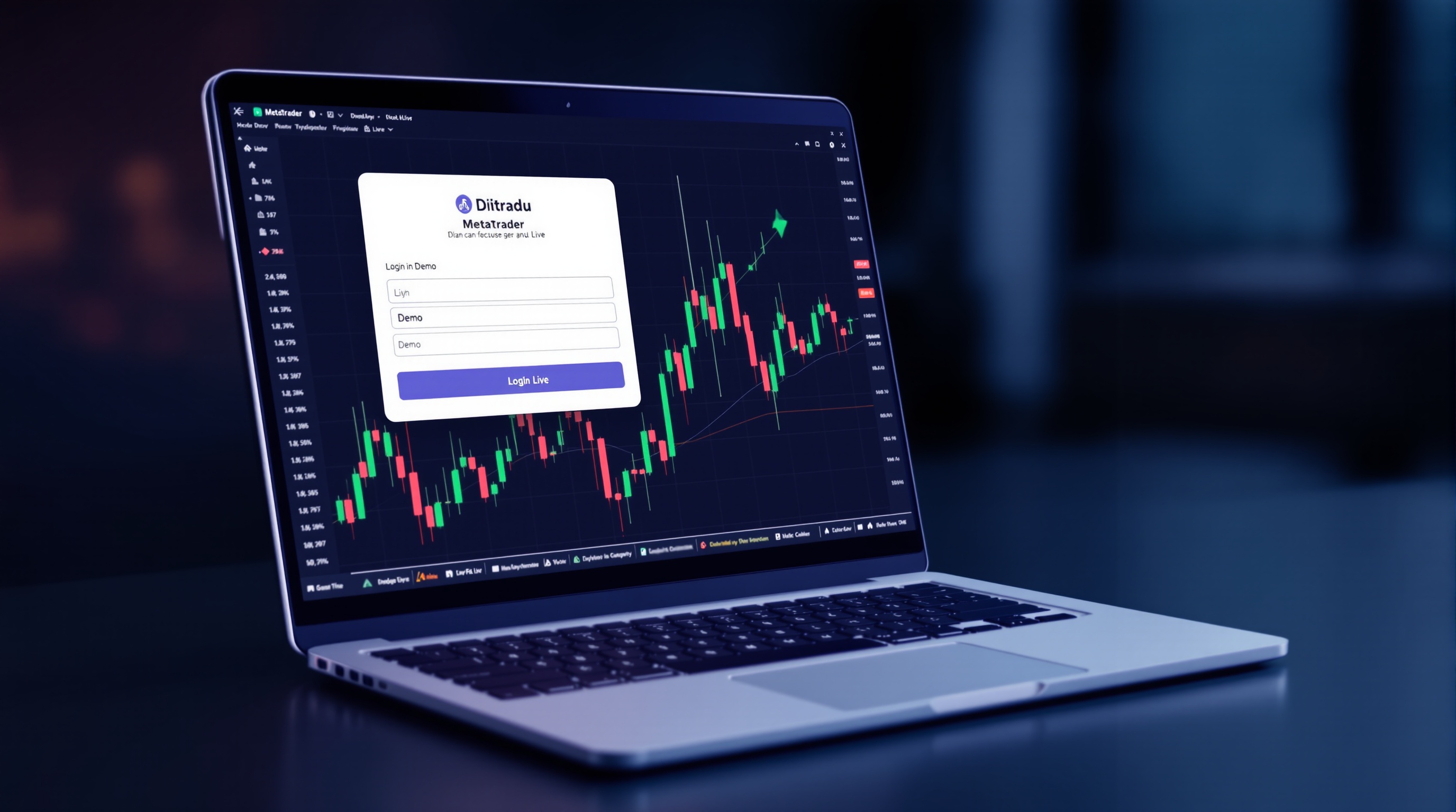 Trader connecting a MetaTrader 4 platform to a live broker server on a laptop screen